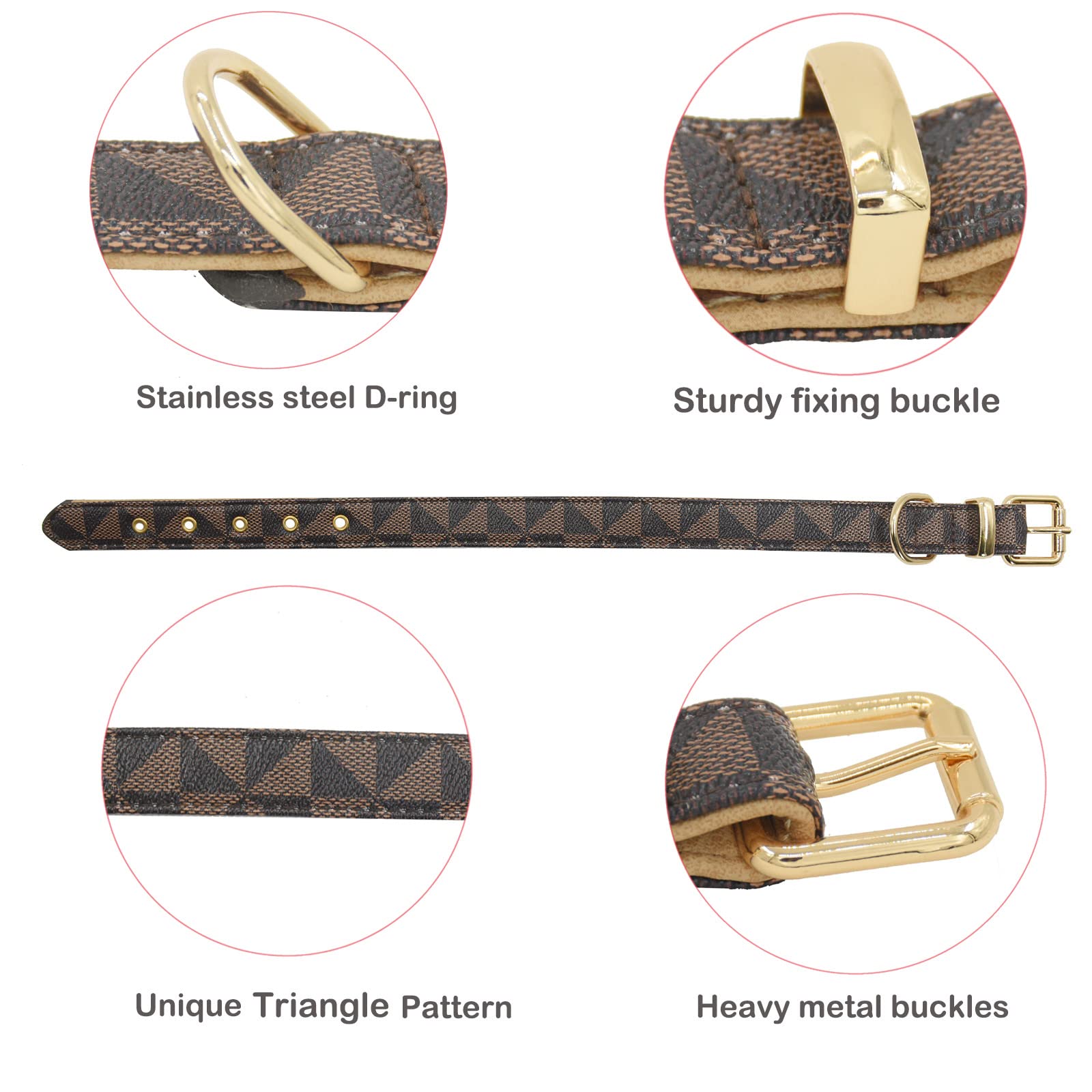 Premium Leather Dog Collar and Leash Set with Check Pattern - Adjustable Metal Buckle for Small, Medium & Large Dogs (Brown, Size S 11.4-13.4IN) - Durable Pet Accessories for Walking, Training & Outdoor Adventures