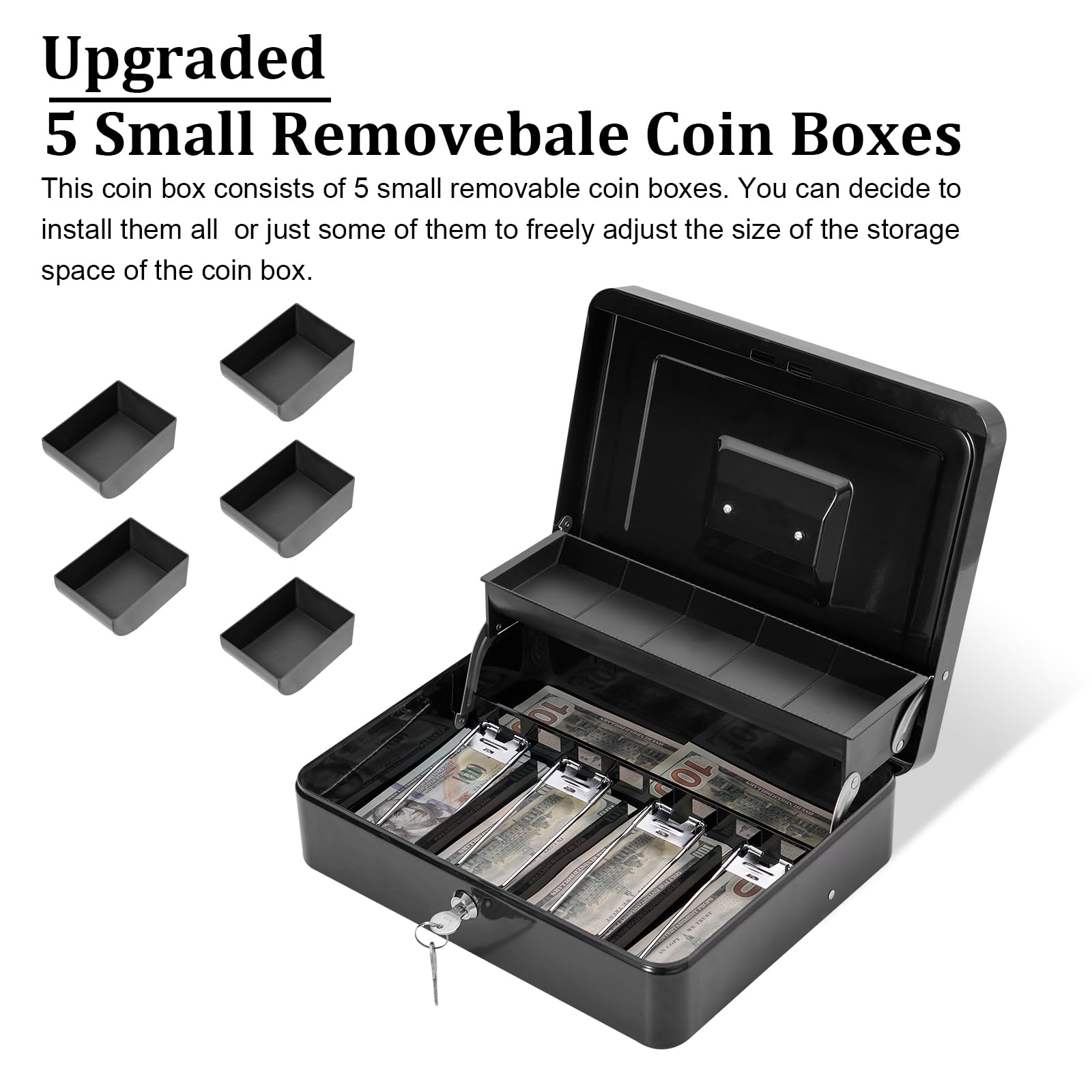 Secure Metal Cash Box with Lock & 2 Keys - Large Portable Money Safe with Cash Tray, 4 Bill/5 Coin Slots (11.8