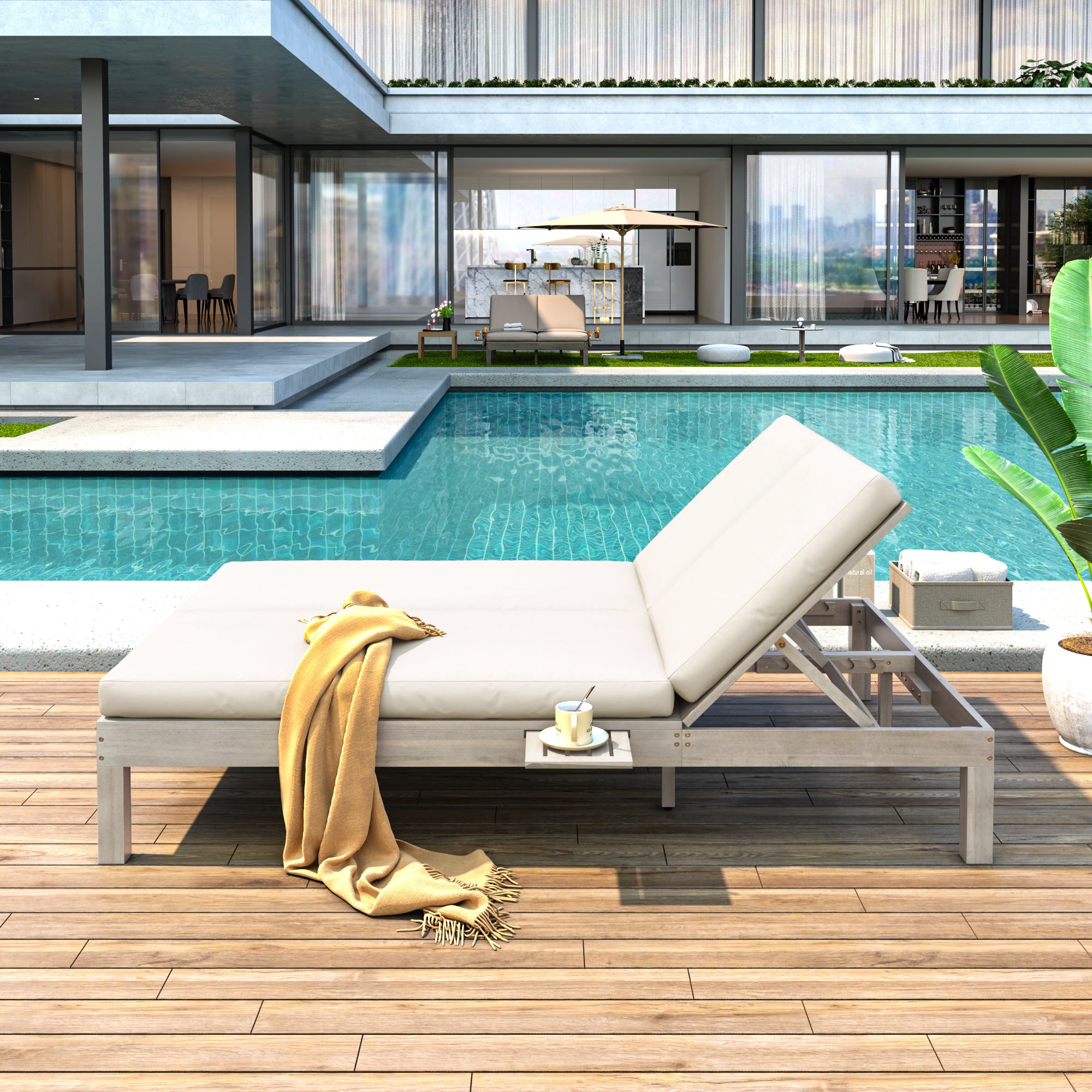 5-Position Adjustable Backrest Outdoor Chaise Lounge Daybed with Cushion & Folding Side Trays - Patio Poolside Garden Furniture for 2 People - Perfect for Sunbathing, Relaxing by the Pool or Backyard Lounging