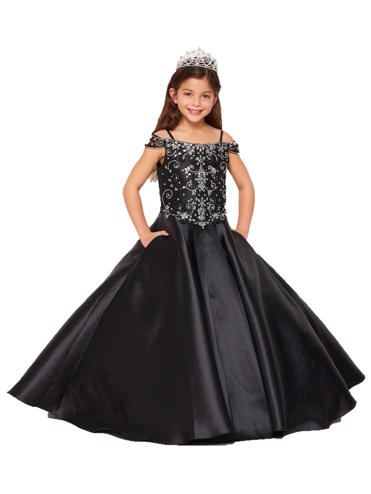 Elegant Black Rhinestone Crepe Satin Off-Shoulder Ball Gown for Girls Size 8-16 | Perfect for Prom, Quinceañera & Special Occasions