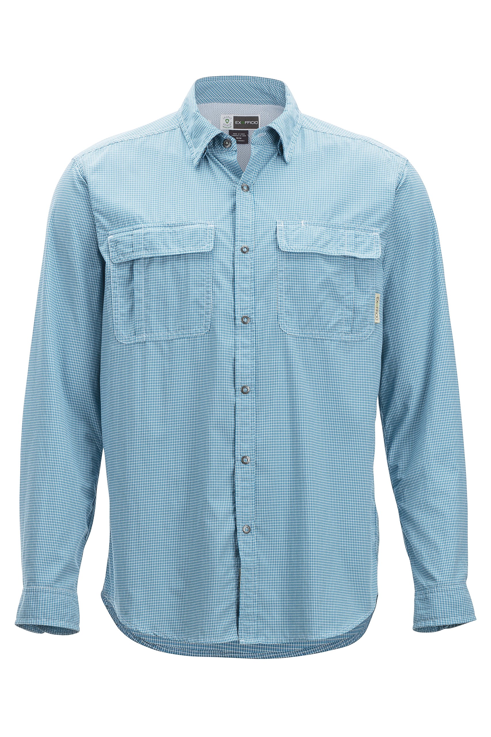 ExOfficio Men's BugsAway Halo Check Long Sleeve Button Down Shirt - Dark Navy Check, Medium - Insect Repellent Travel & Outdoor Adventure Shirt for Hiking, Camping & Fishing