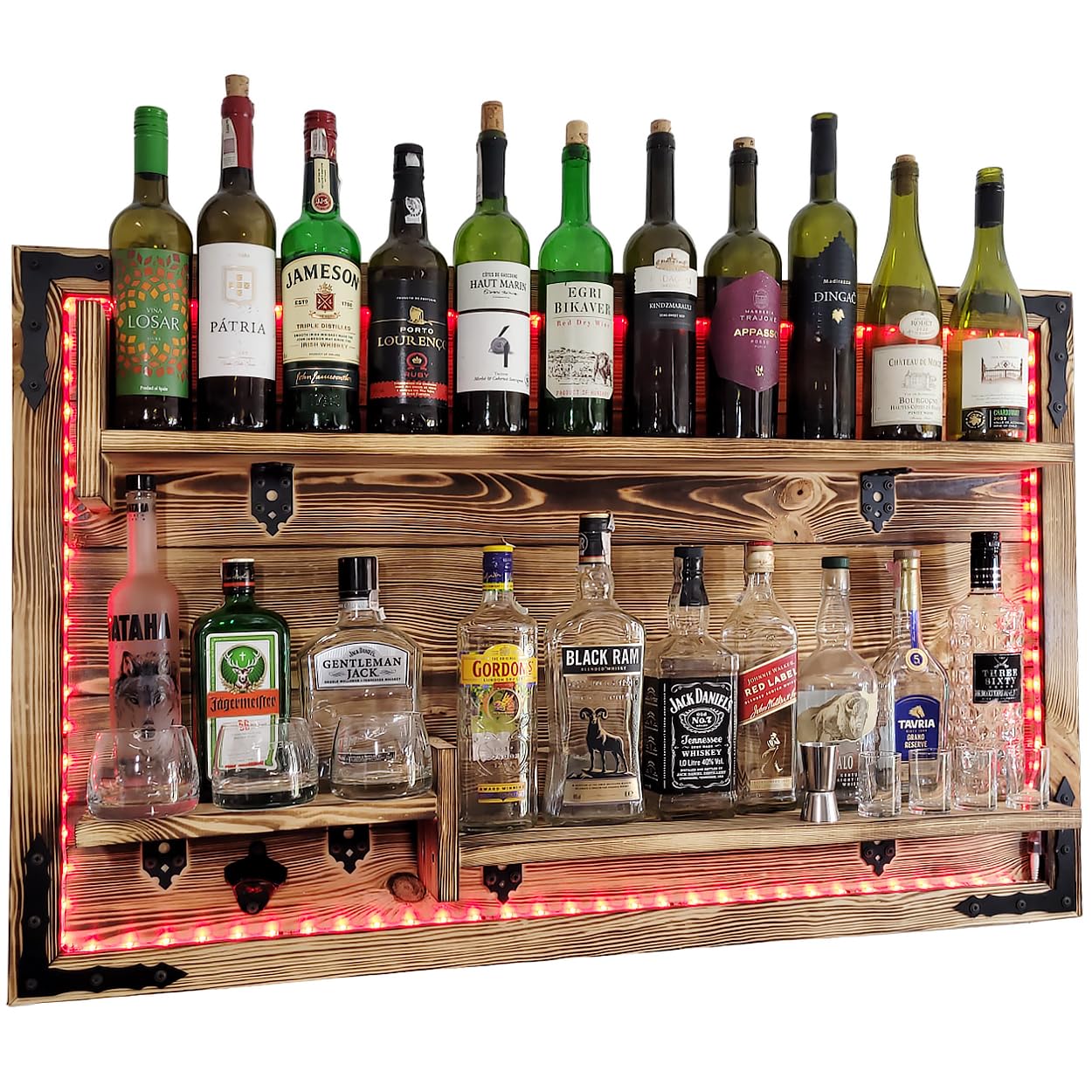 Rustic Wall-Mounted Floating Shelf in Brown Wenge - RGB LED Bar Shelf for Whiskey, Gin, Vodka Display - Perfect for Home Bar, Pub Decor & Rustic Wall Organization