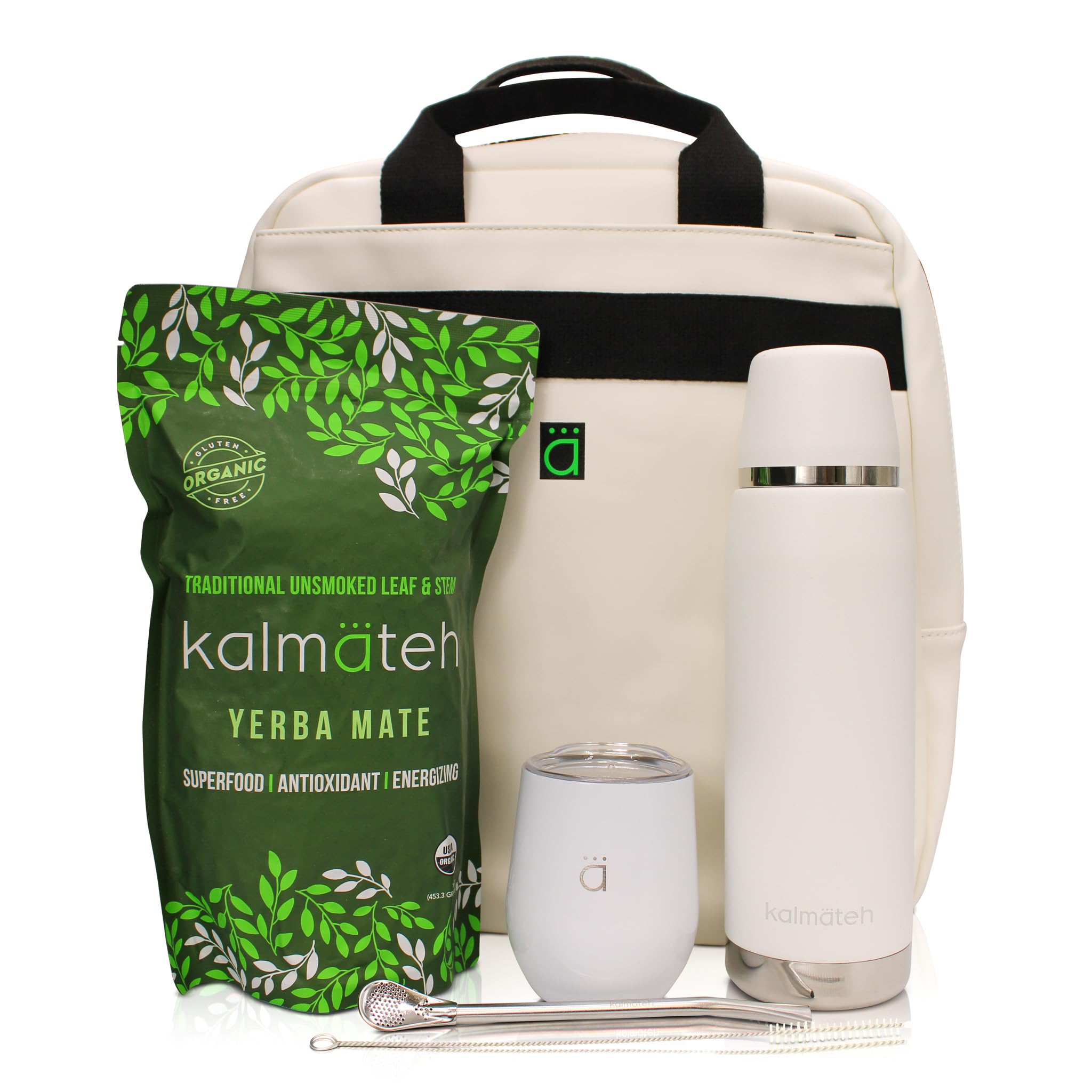 Premium Organic Yerba Mate Kit - Complete Set with Modern Mate Gourd, Insulated Thermos, Stainless Steel Bombilla & Cleaning Brush | Includes Unsmoked Yerba Mate & Durable Matera Backpack with Storage Compartments (White) | Perfect for Outdoor Adventures, Camping & Daily Energy Boost