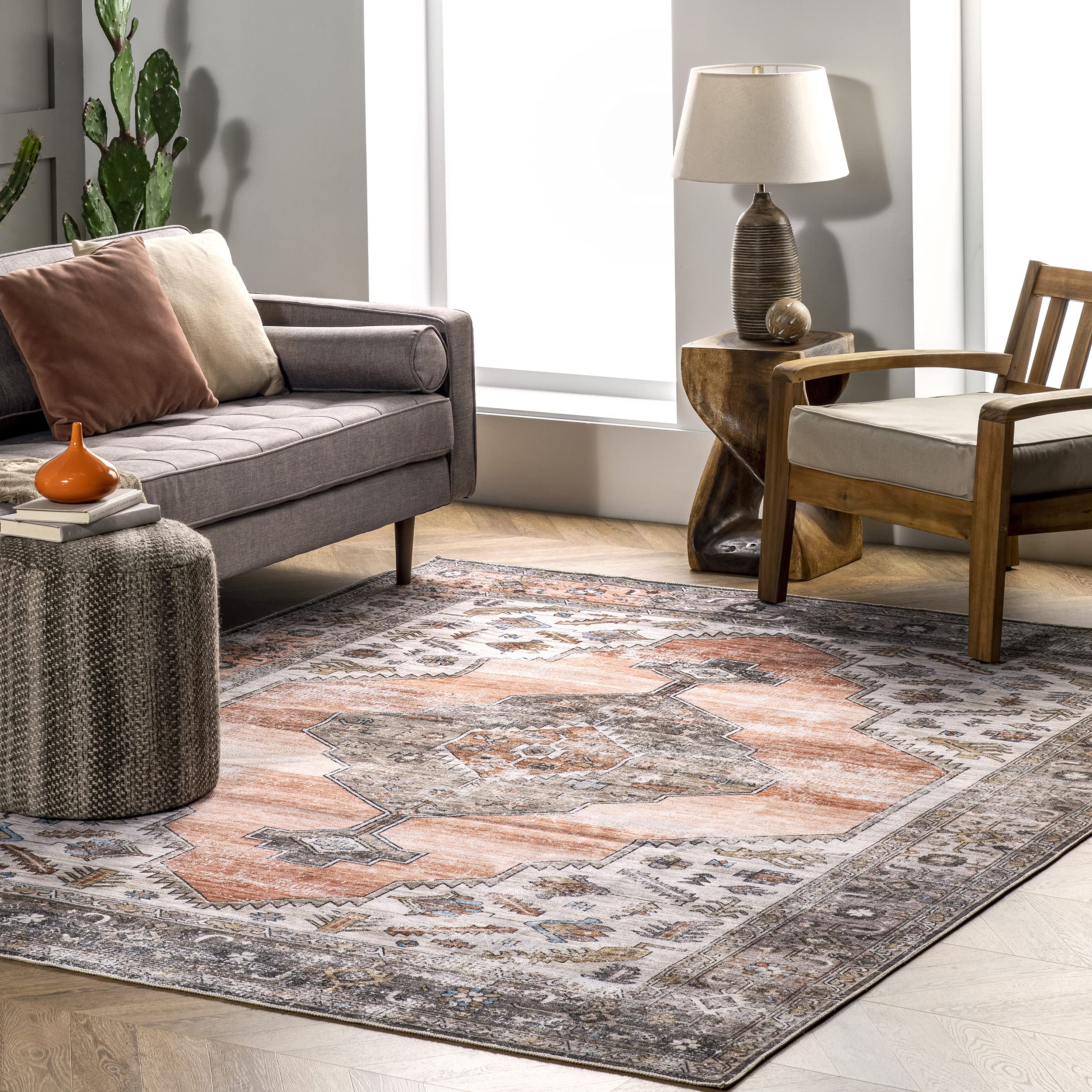 nuLOOM Gracie Machine Washable Distressed Medallion Area Rug 6'x6' Square Peach - Soft Vintage Style Rug for Living Room, Bedroom & Home Decor