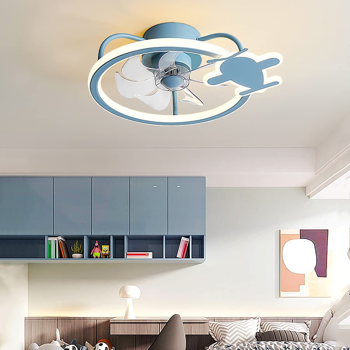 **Modern LED Ceiling Fan with Remote Control - 124W 3-Speed Dimmable Chandelier for Kids Room Airplane Theme - Perfect for Bedroom, Nursery & Playroom Decor**