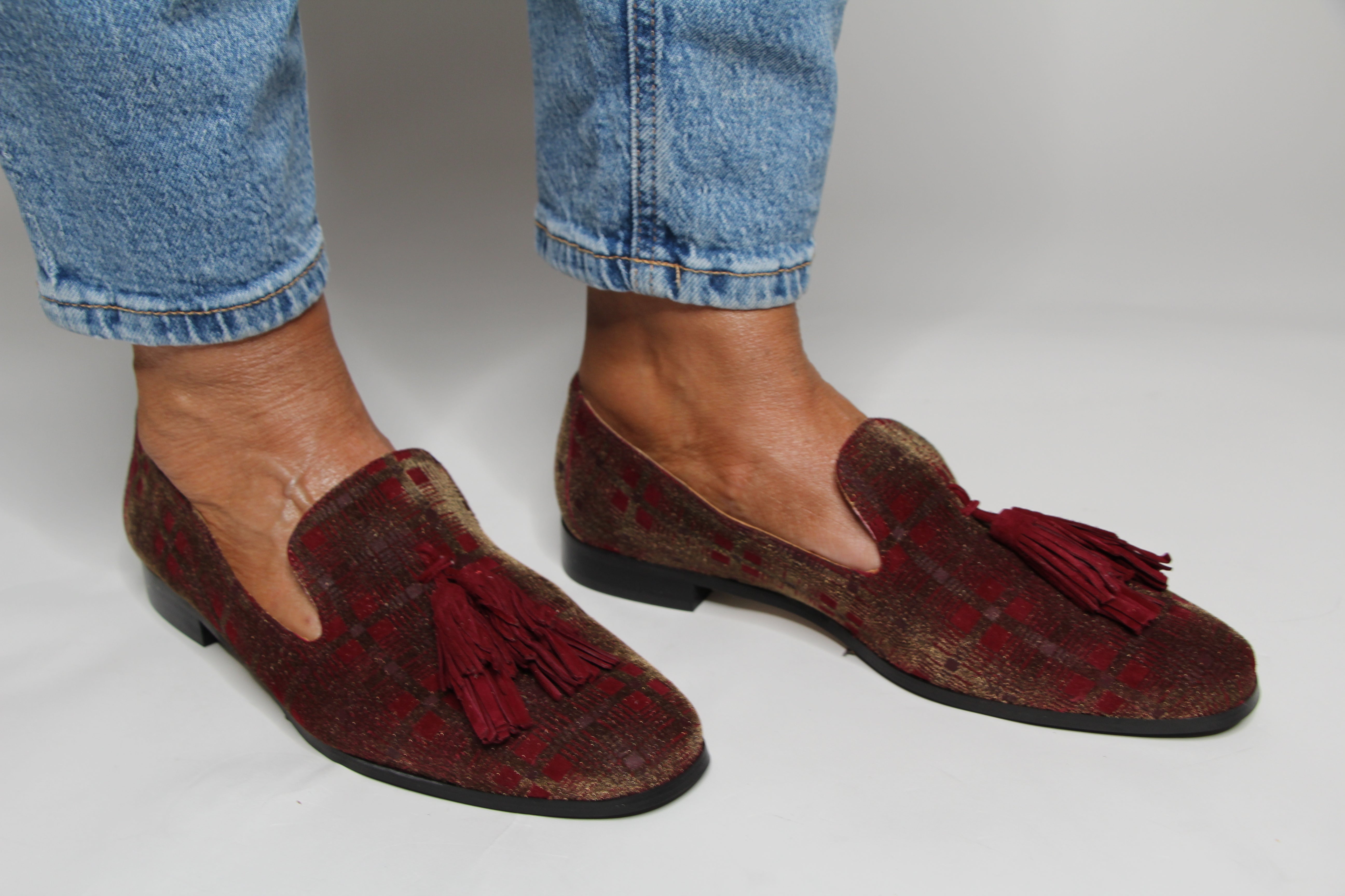 Pedro Miralles Brown Burgundy Velvet Print Loafers for Men - Comfortable Slip-On Dress Shoes for Business, Wedding & Formal Occasions