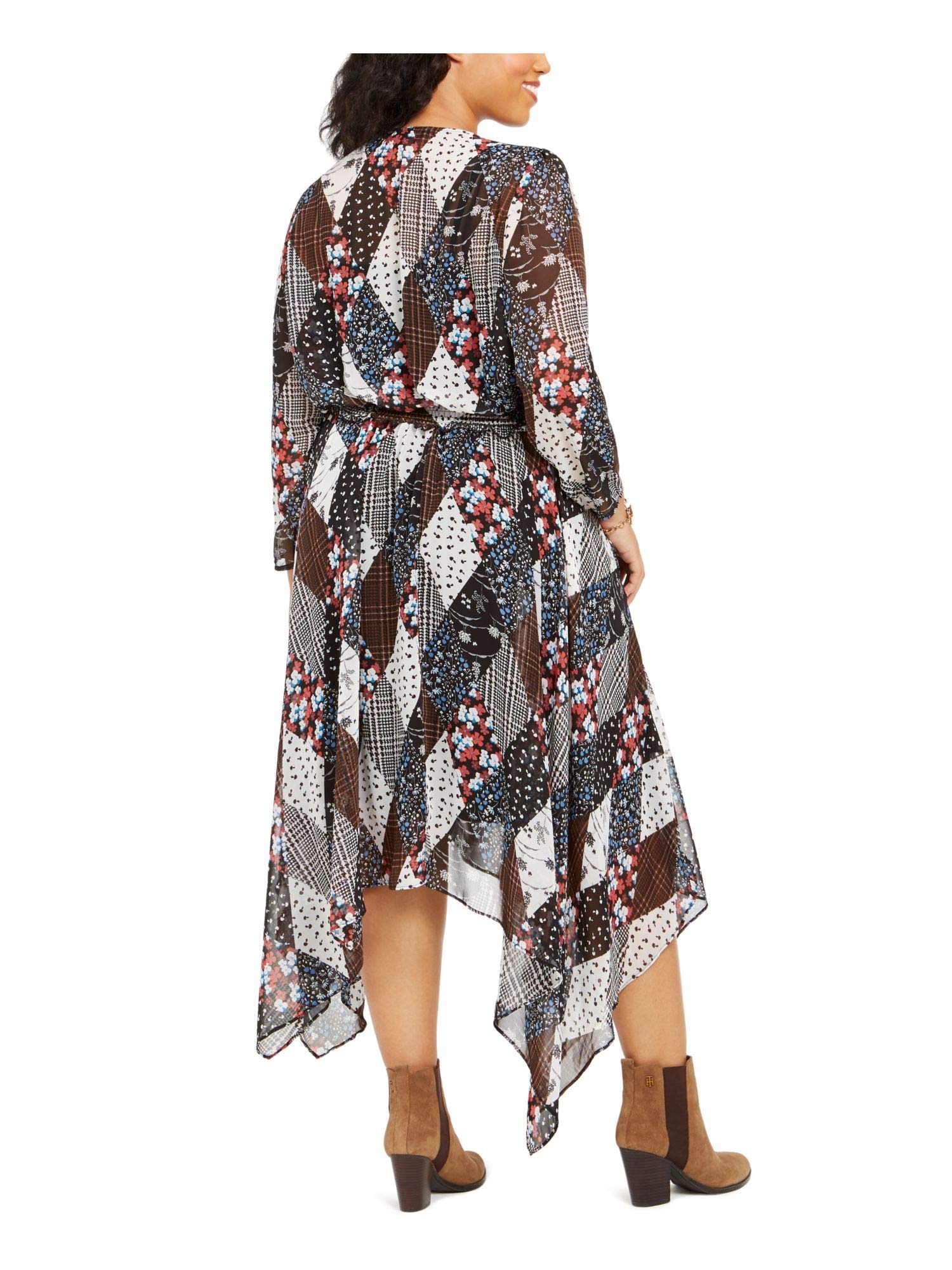 Tommy Hilfiger Women's Black Printed Long Sleeve V-Neck Maxi Sheath Dress Size 0X - Elegant Evening Wear for Parties, Weddings & Special Occasions