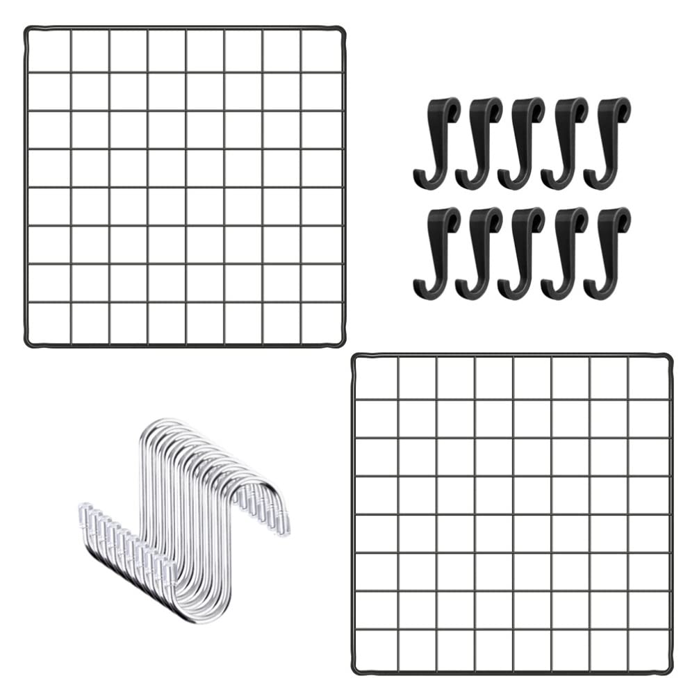 Cabilock Decorative Grid Wall Panels - Wire Memo Board & Photo Display Organizer with S Hooks - Wall Mounted Shelves for Home Office Storage - Perfect for Picture Frames, Notes & Room Decor