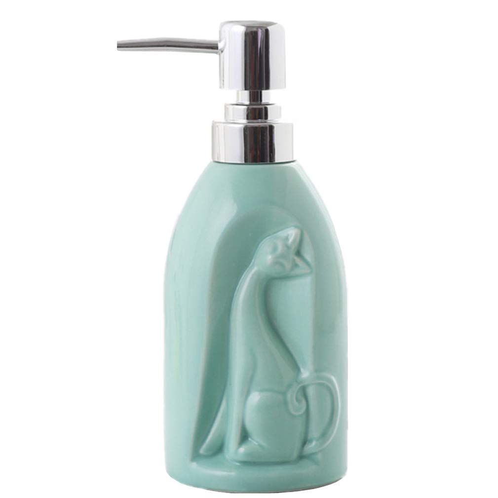 Ceramic Cat Soap Dispenser Pump Bottle - Hand & Dish Liquid Soap Dispenser for Kitchen, Bathroom - Eco-Friendly Green Design - Perfect for Home, Office & Restaurant Use