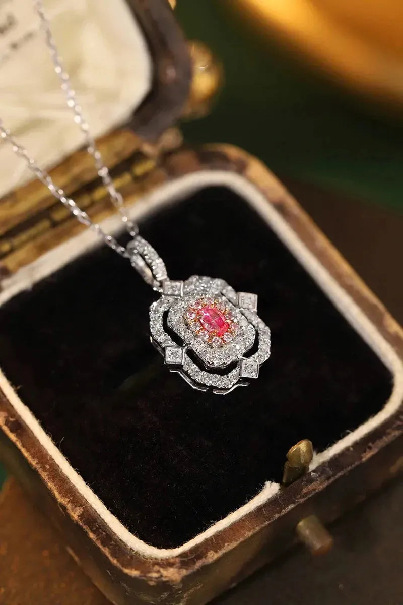 18K White Gold Pink Diamond Pendant Necklace for Women - Real Natural Diamond, Elegant INS Style Jewelry, Perfect Anniversary Gift for Her - Ideal for Weddings, Date Nights & Special Occasions