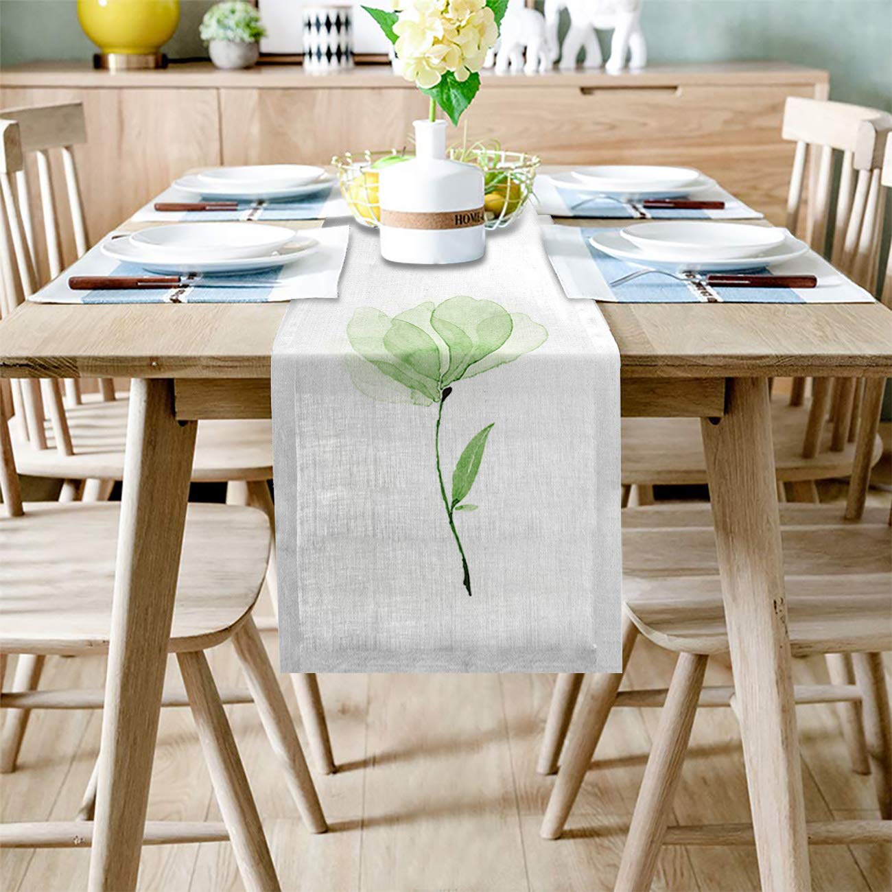 T&H XHome Durable Washable Linen Table Runner - 14x72 Inches Spring Green Abstract Floral Design for Dining Table, Kitchen, Indoor & Outdoor Decor - Perfect for Parties, Weddings and Everyday Home Use