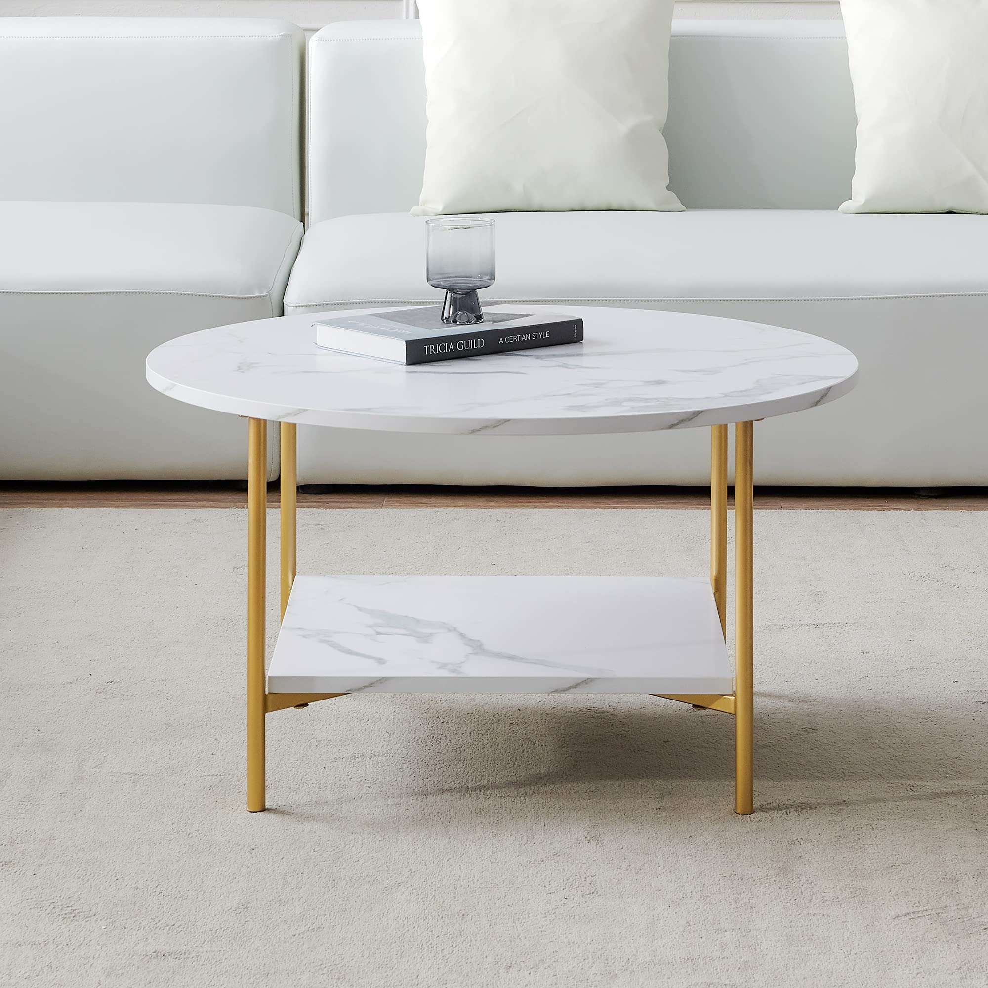 Modern Round Marble Coffee Table with Storage Shelf - Gold Accent Living Room Side Table for Sofa, Lounge & Dining Room - Stylish Home Decor Centerpiece
