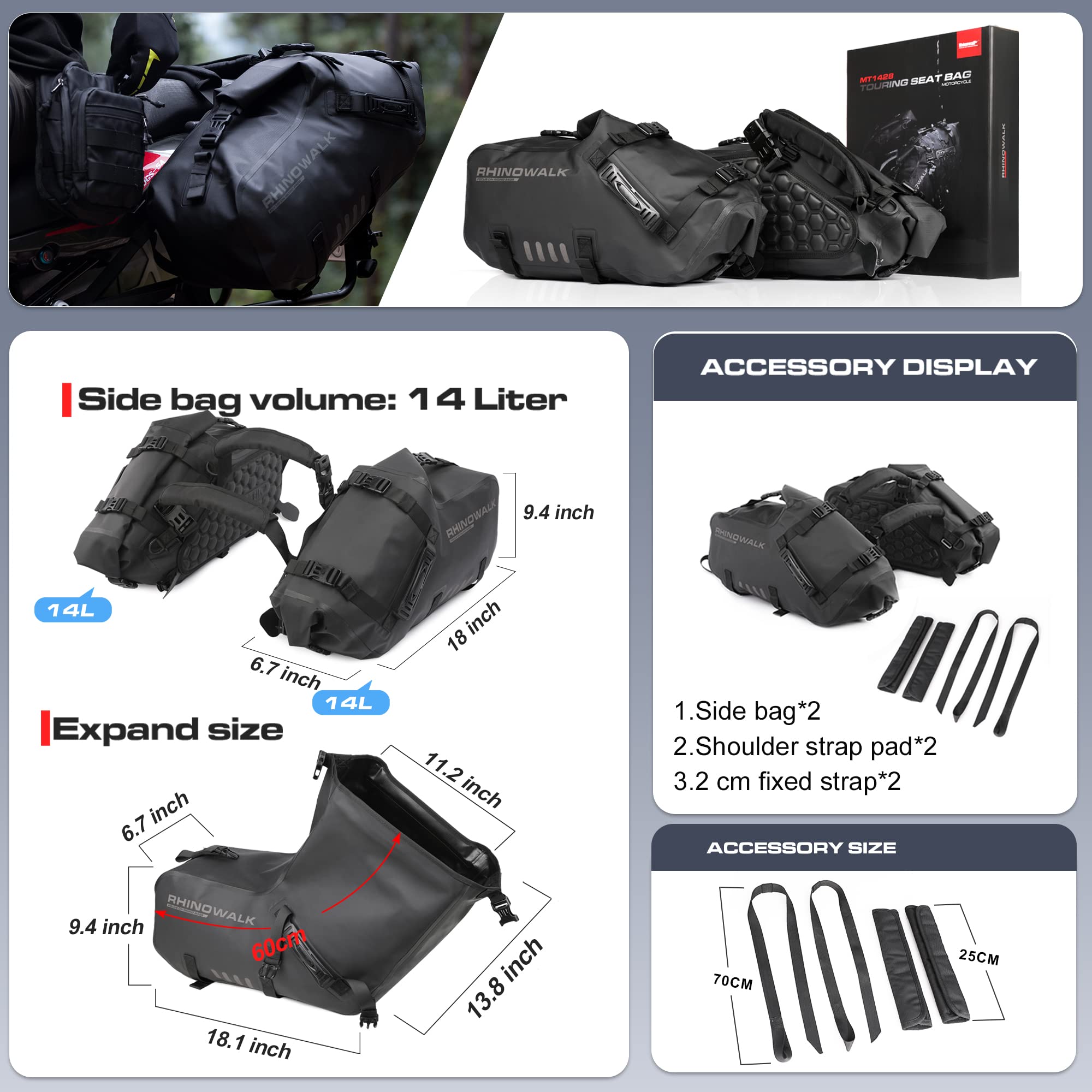 Rhinowalk Waterproof Motorcycle Saddle Bags 28L (14L x 2) - Durable Shoulder Bag for Adventure & Sport Bikes - Fits Most Motorcycle Racks - Perfect for Long Rides, Commuting & Travel Accessories