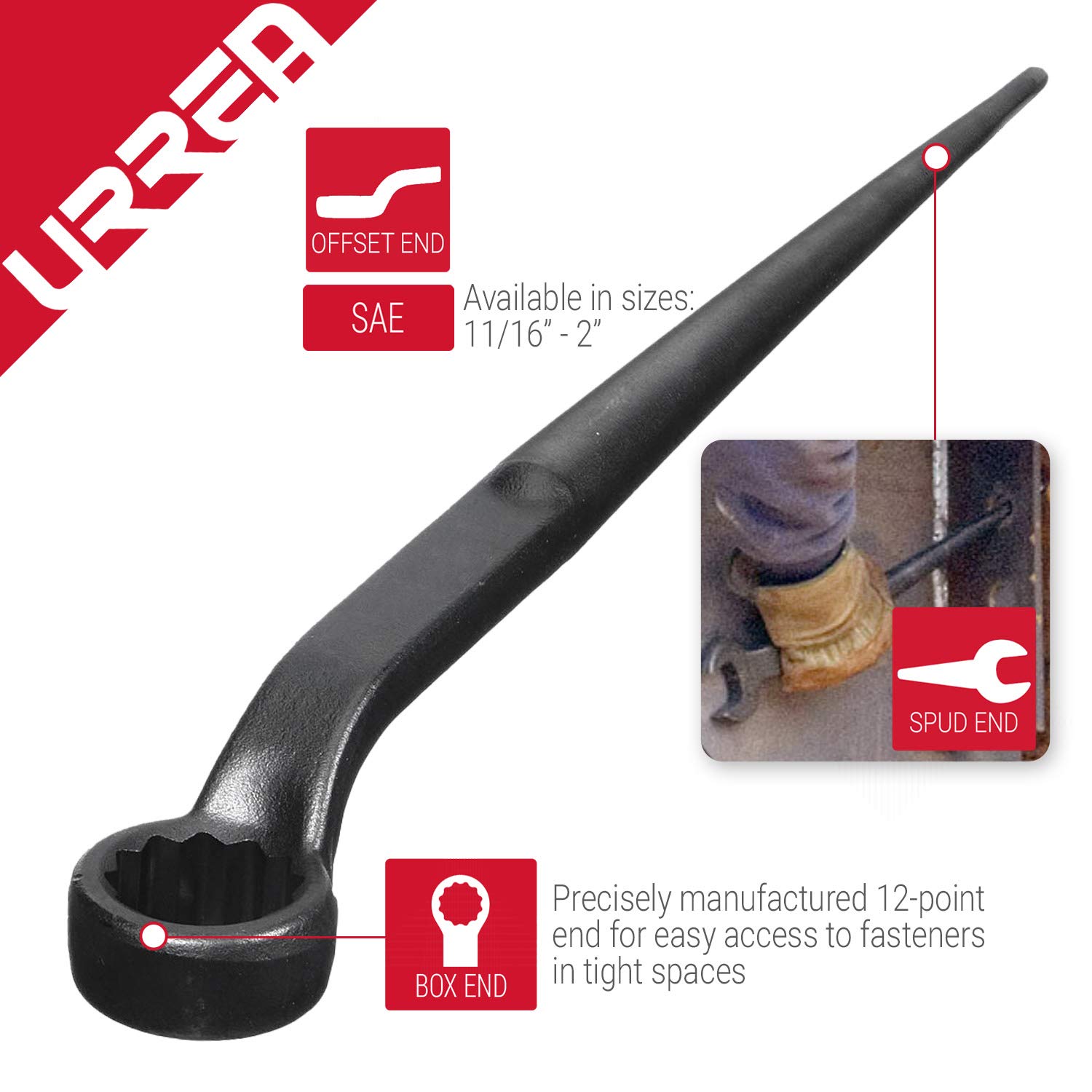 Urrea 2629 1113/16-Inch 121-Point Box Spud Wrench - Heavy Duty Plumbing Tool for Pipe Fittings & Mechanical Repairs | Ideal for Professional Plumbers & DIY Home Improvement Projects