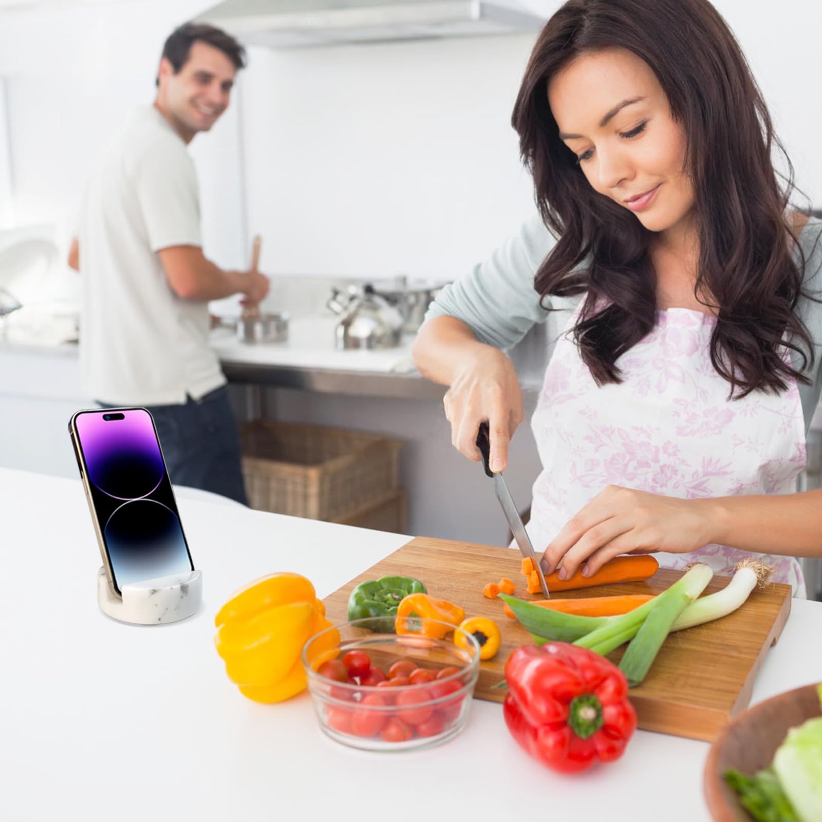 Premium Marble Phone Stand for iPhone & Android - Elegant Desk & Kitchen Phone Holder with Non-Slip Silicone Dots - Hands-Free Viewing for Video Calls, Cooking & Work (White)