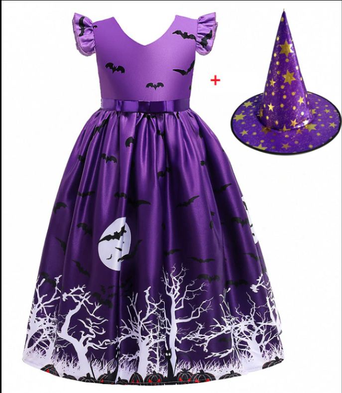Halloween Princess Dress for Girls - Elegant Printed Mesh Costume for Trick or Treat, Parties & Dress-Up Play