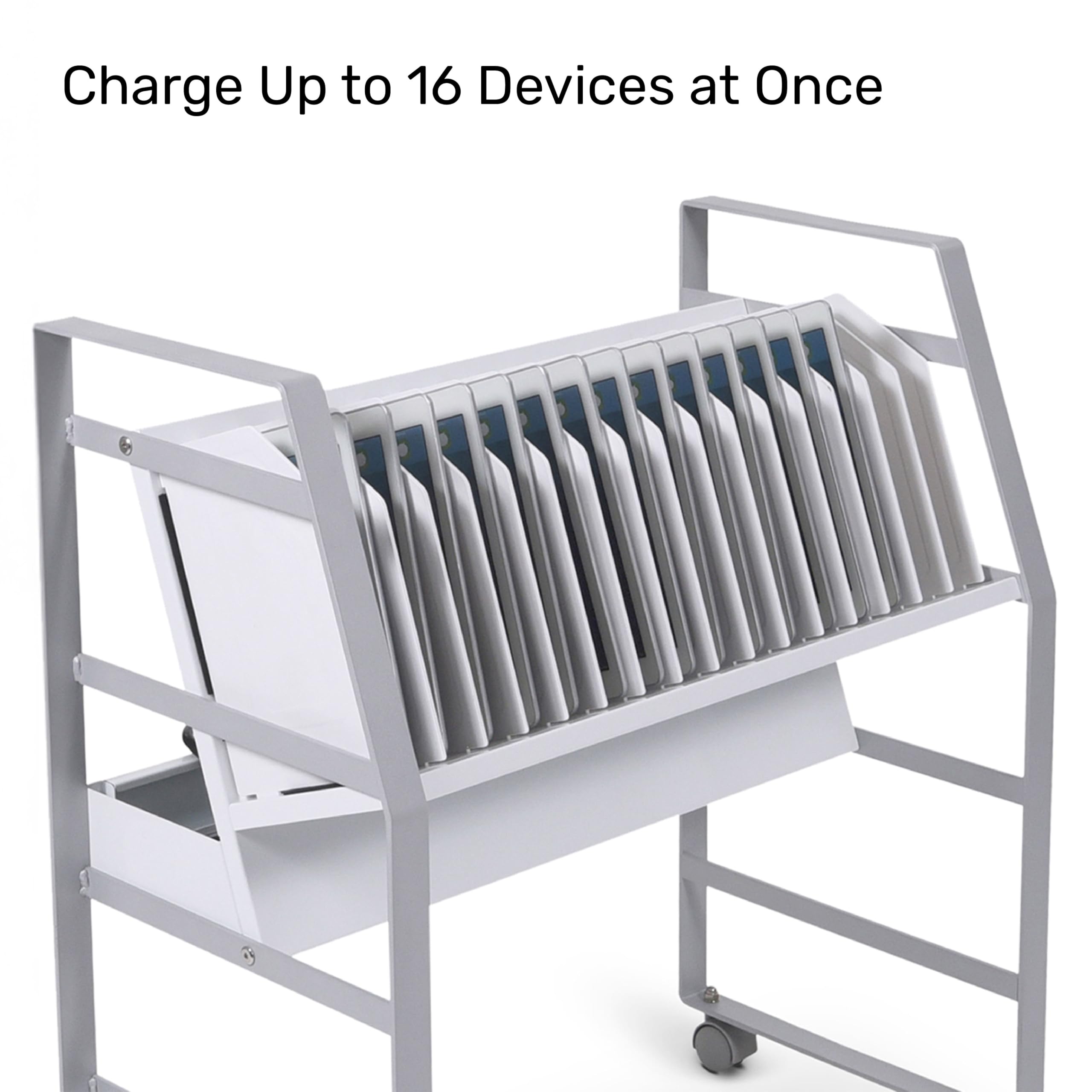 16-Device Mobile Charging Station with UL-Certified Surge Protection | Rolling Steel Cart for Laptops, Tablets & Chromebooks | Open Design with Dividers | Portable Charging Stand (White) - Perfect for Classrooms, Offices & Home Workspaces