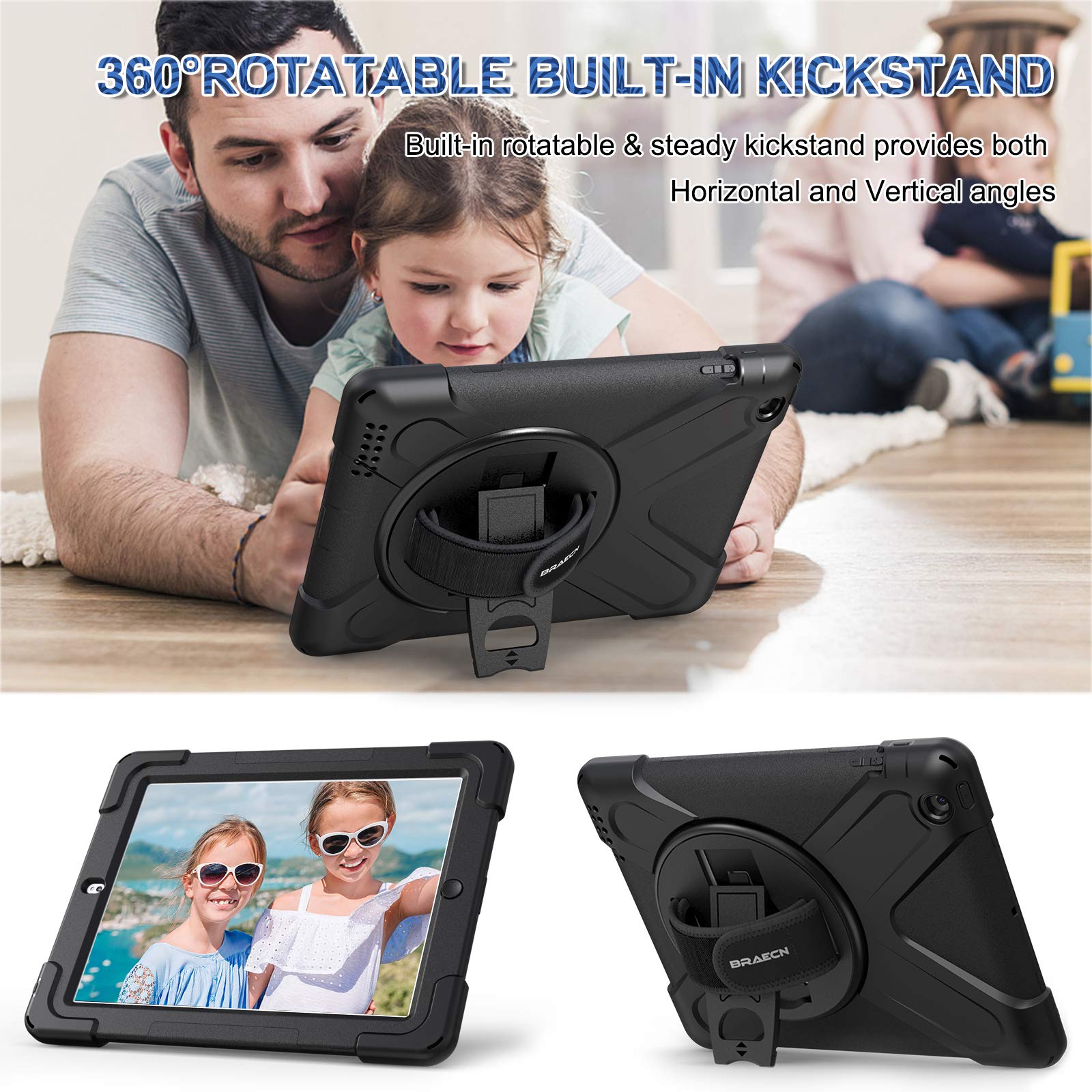 BRAECN Shockproof Protective Case for Apple iPad 2/3/4 (9.7 Inch) with Screen Protector, 360° Rotating Stand & Adjustable Hand/Shoulder Strap - Perfect for Kids, Travel, School & Home Use - Black (Model A1458)
