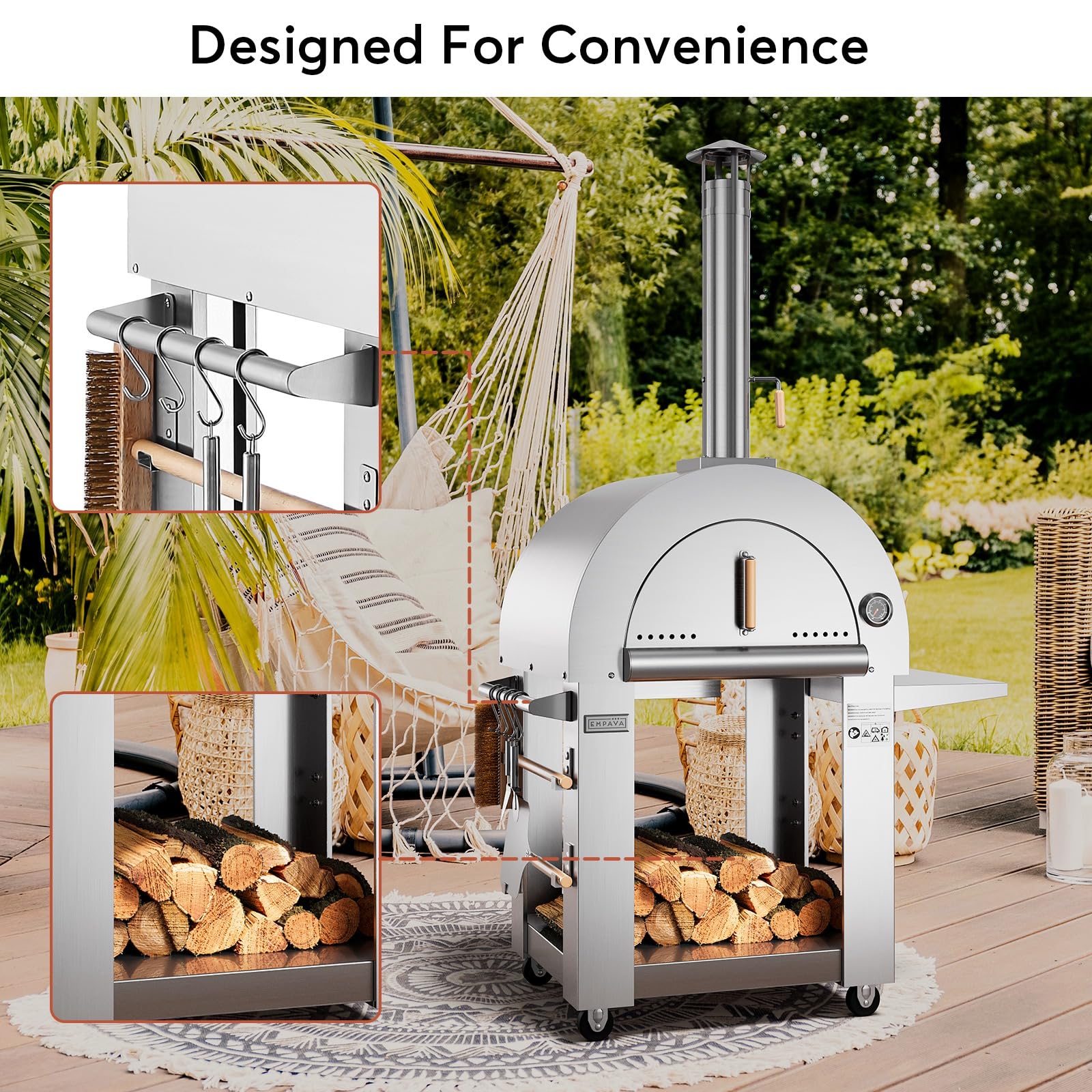 Empava 46 Inch Stainless Steel Wood Fired Pizza Oven with Wheels & Side Panel - Outdoor Kitchen, Backyard Party, Camping & Grill Accessories - Freestanding Silver Design for Patio, Garden & Tailgating