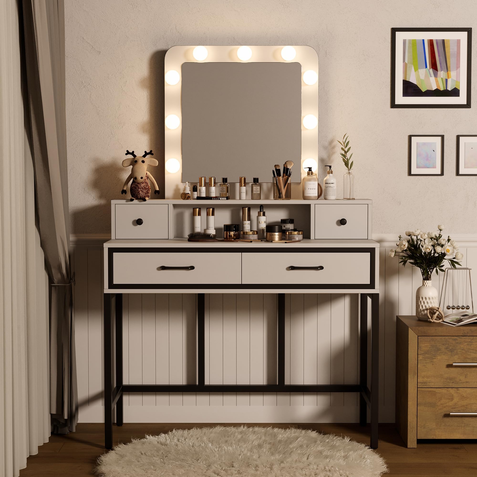 Sunvivi White Vanity Desk with Dimmable LED Hollywood Mirror & 4 Drawers - Large Makeup Dressing Table for Women & Girls - Perfect for Bedroom, Bathroom & Beauty Salon Makeup Application
