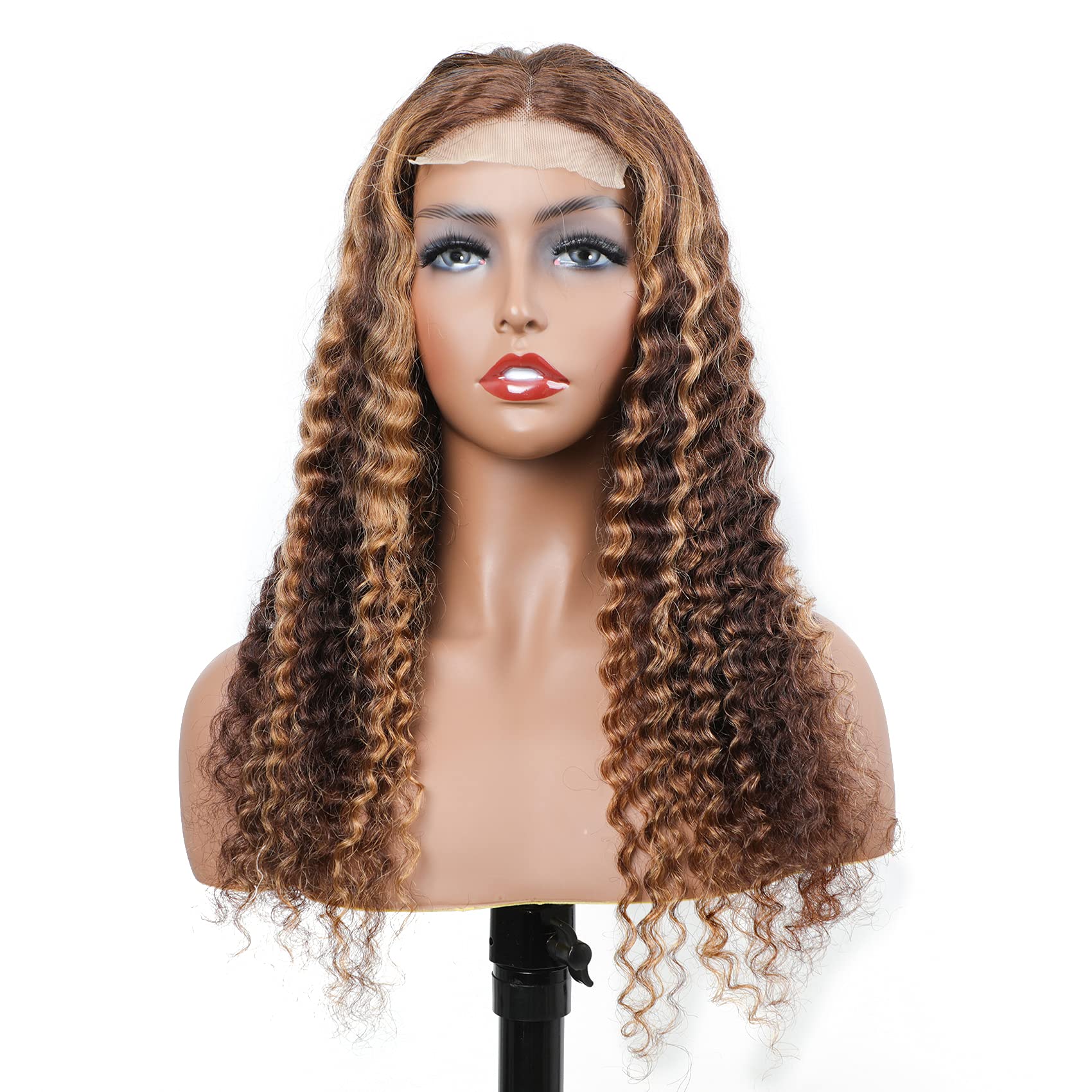 BLY Highlight Human Hair Lace Front Wigs - 22 Inch Deep Wave #4/27 Ombre Glueless Wig with Pre-Plucked Hairline, 4x4 Transparent Lace, 180% Density Honey Blonde Curly Water Wave - Perfect for Daily Wear, Cosplay & Special Occasions