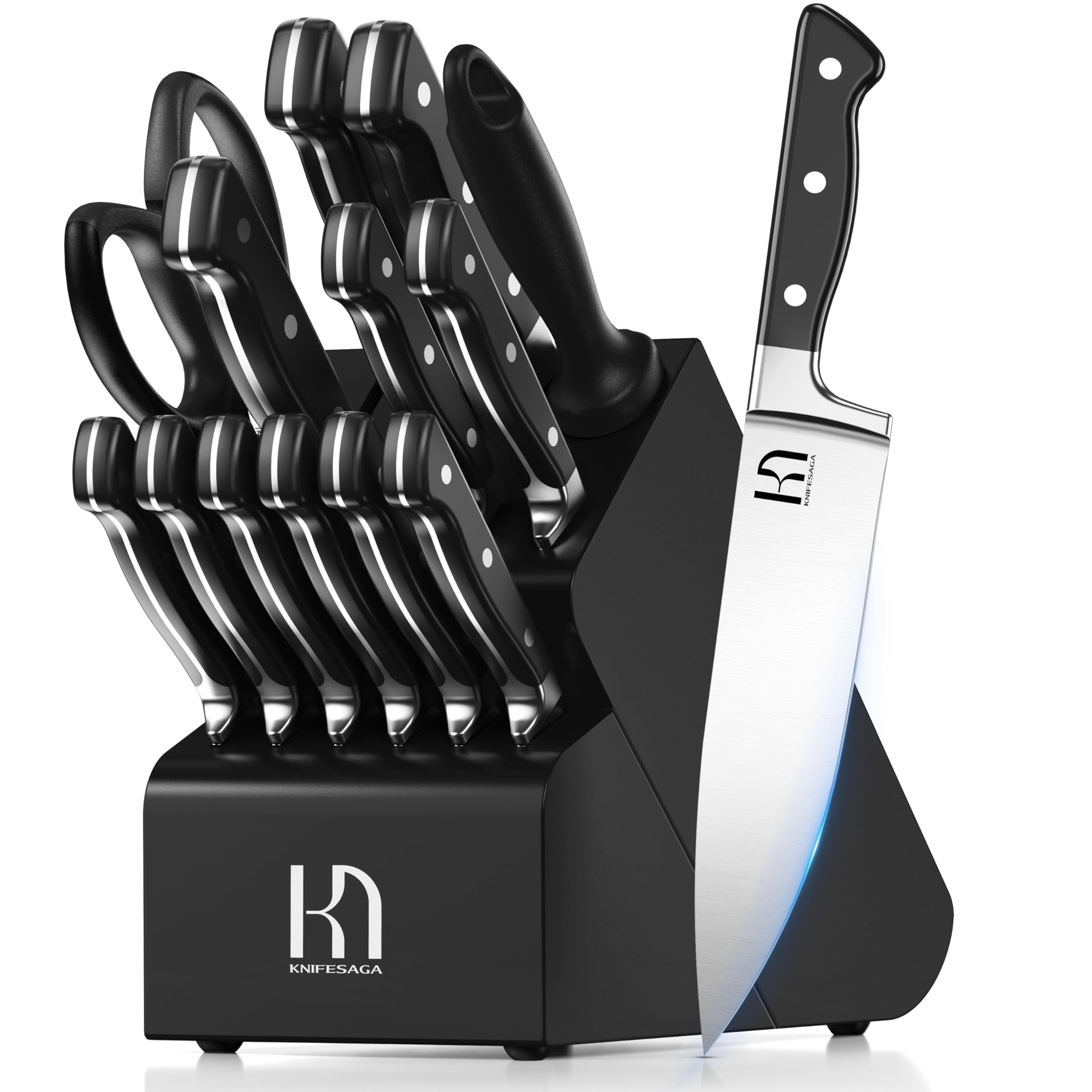 15-Piece Premium Japanese High Carbon Stainless Steel Knife Set with Block & Sharpener - Razor-Sharp Chef Knives for Professional Cooking, Meat Cutting & Food Prep - Durable Black Kitchen Knife Block Set for Home & Restaurant Use
