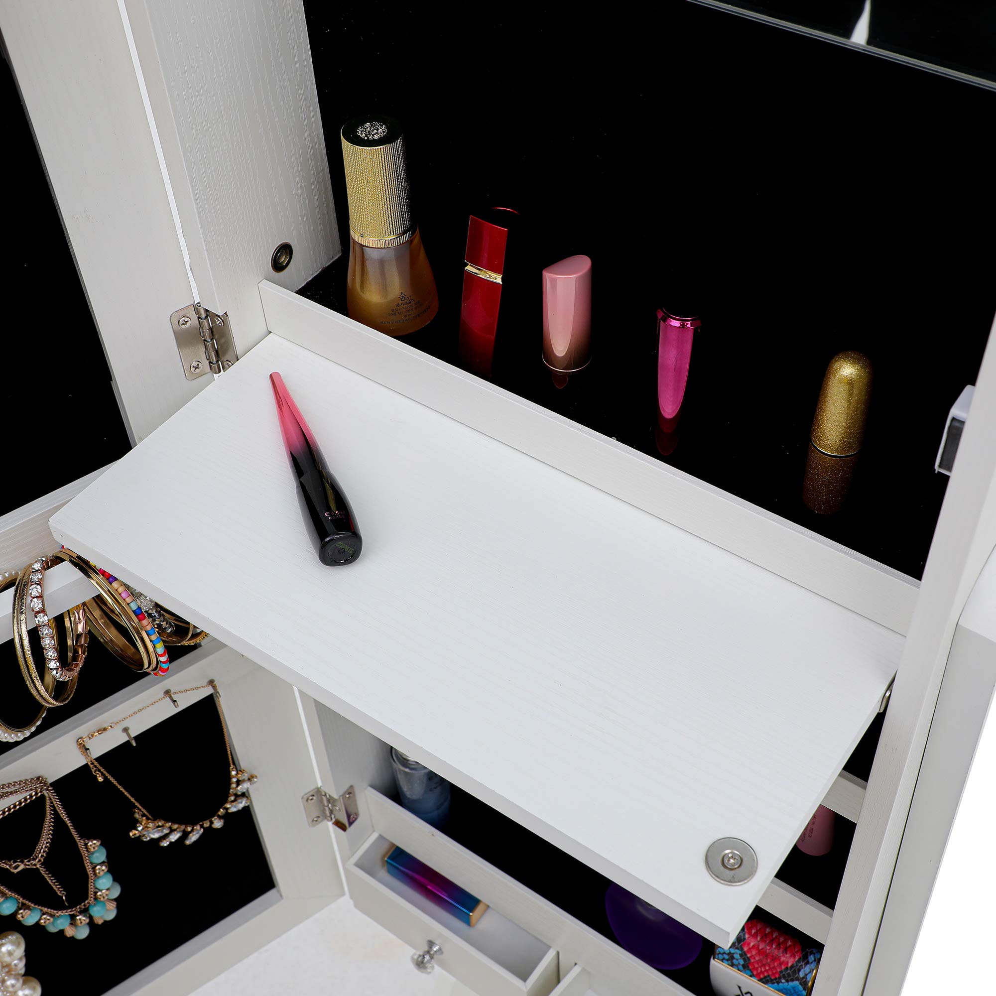6 LED Lockable Standing Mirror Jewelry Cabinet with Large Storage - Full Screen & Interior Mirror, 2 Drawers, 3 Adjustable Angles - Perfect for Bedroom, Dressing Room & Jewelry Organization (White)