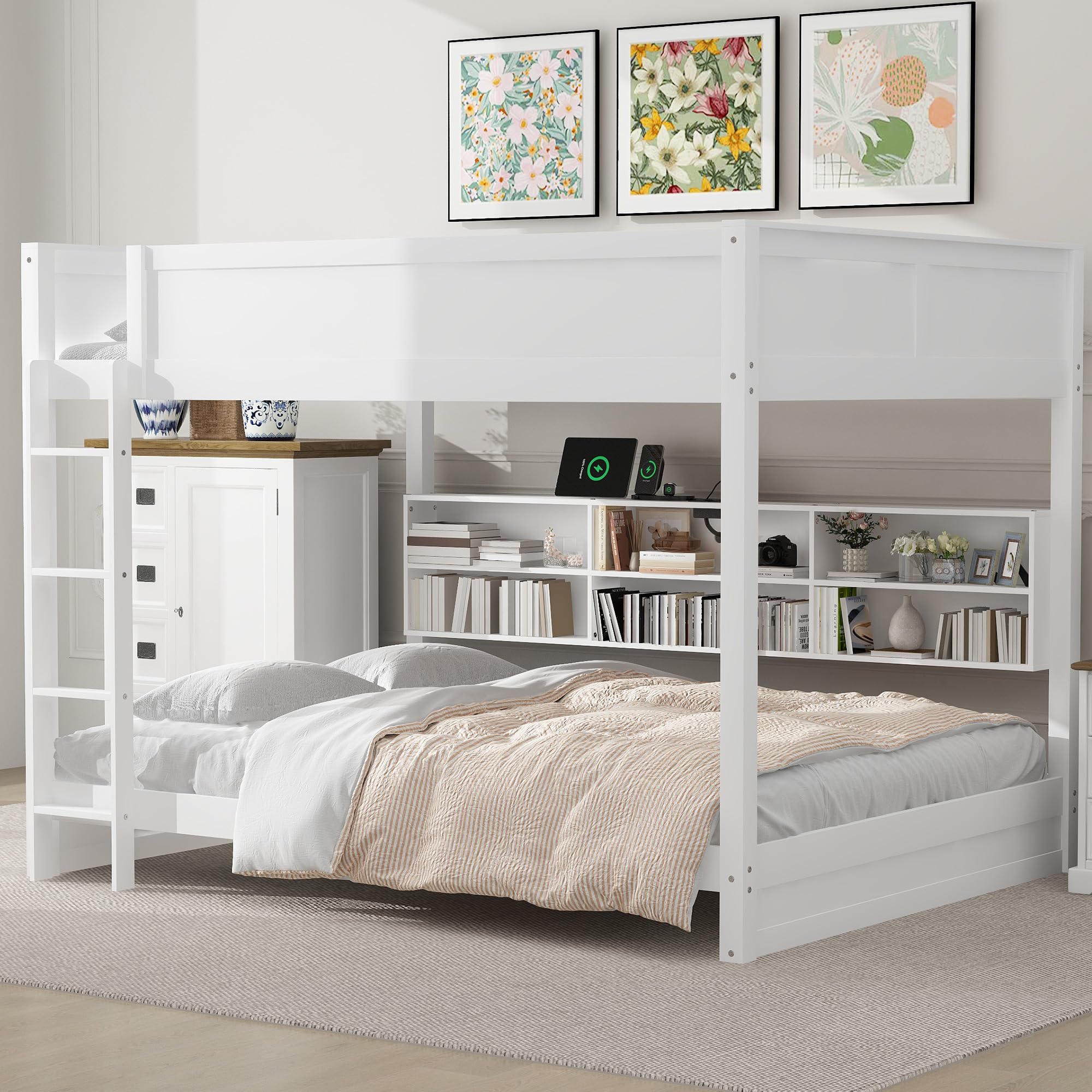 Merax Queen Over Queen Bunk Bed with Storage Shelves & USB Ports - Solid Wood Space-Saving Bunk Bed for Adults & Kids - Perfect for Small Bedrooms, Guest Rooms & Vacation Homes
