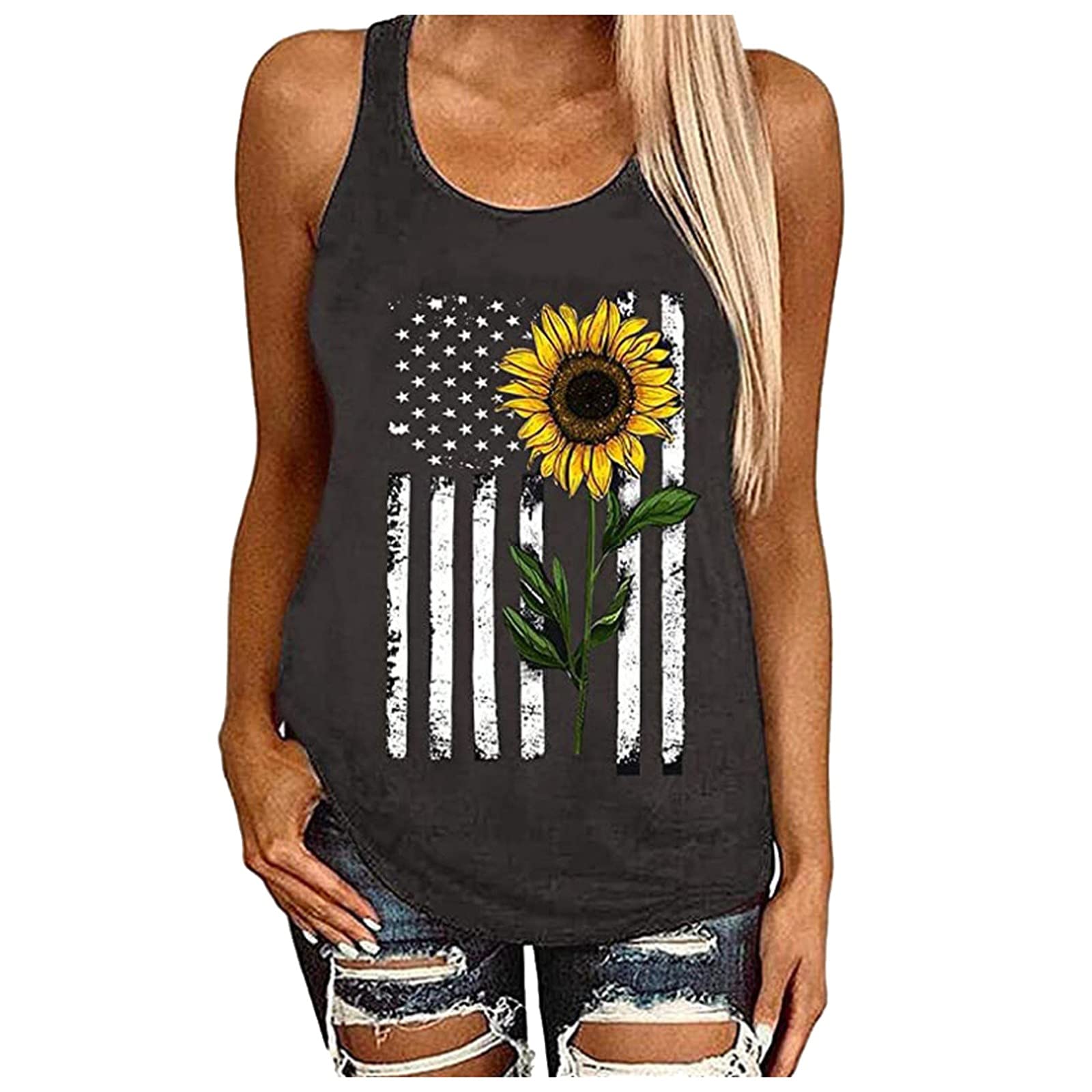 American Flag Printed Women's Tank Tops - Patriotic Sleeveless T-Shirt for 4th of July & Independence Day | Perfect for Summer BBQs, Beach Outings & National Holiday Celebrations