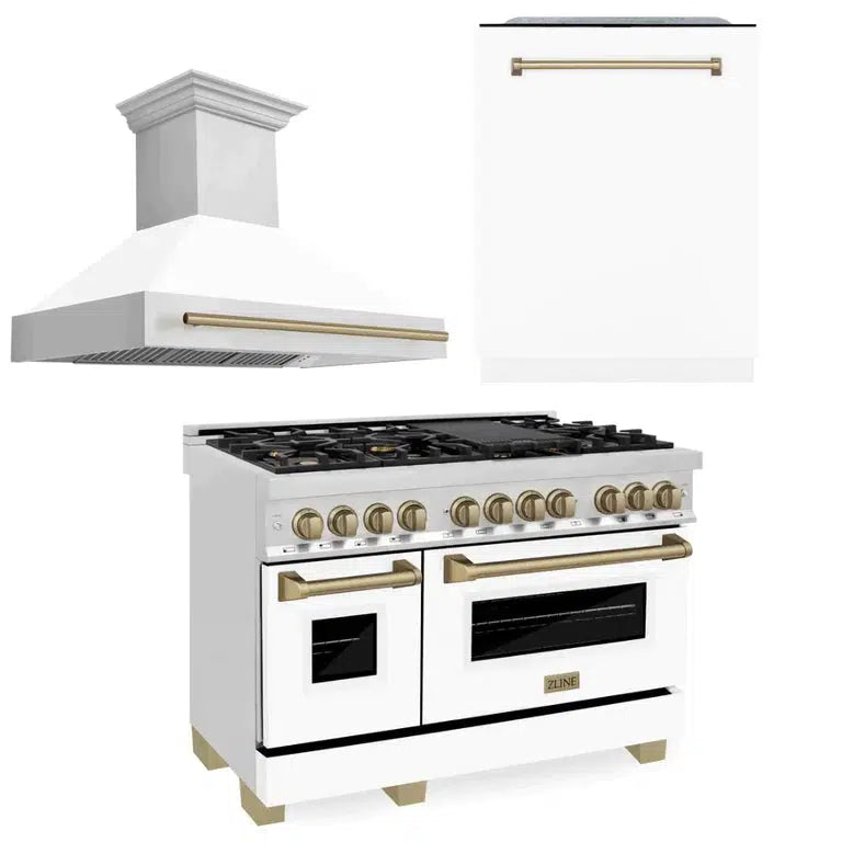 ZLINE Autograph Edition 48-inch Stainless Steel Dual Fuel Range with White Matte Door, Range Hood & Dishwasher - Champagne Bronze Accents (3AKP RAWMRHDWM48 CB) | Premium Kitchen Package for Modern Homes & Professional Chefs