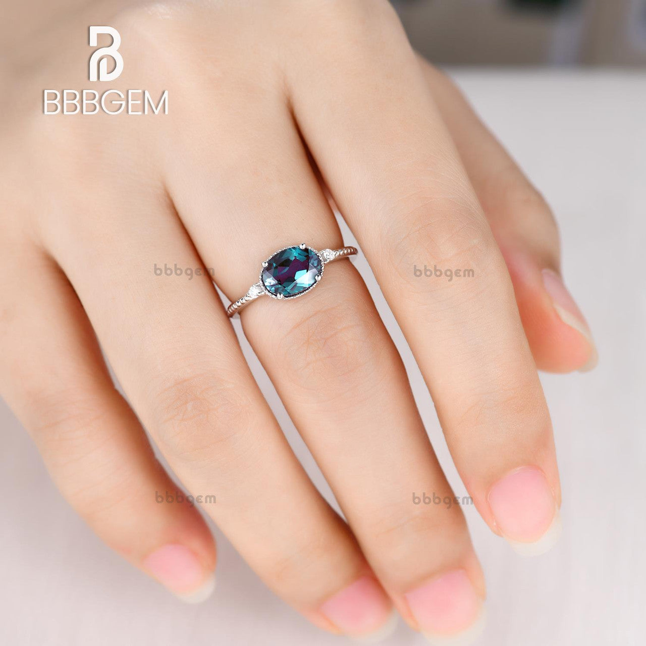 Milgrain Alexandrite Engagement Ring in Rose Gold - East to West Three Stone Ring for Women | Perfect for Weddings, Anniversaries & Proposals