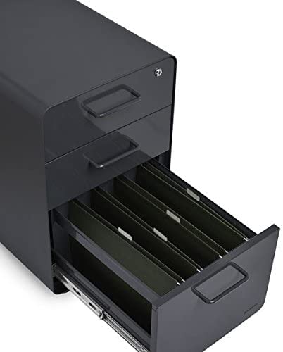 Poppin Stow 3-Drawer Rolling File Cabinet - Charcoal Gray, 2 Utility & 1 Hanging File Drawer, Locking Wheels, Powder-Coated Steel Office Storage Cabinet - Perfect for Home Office, Classroom, and Small Business Organization