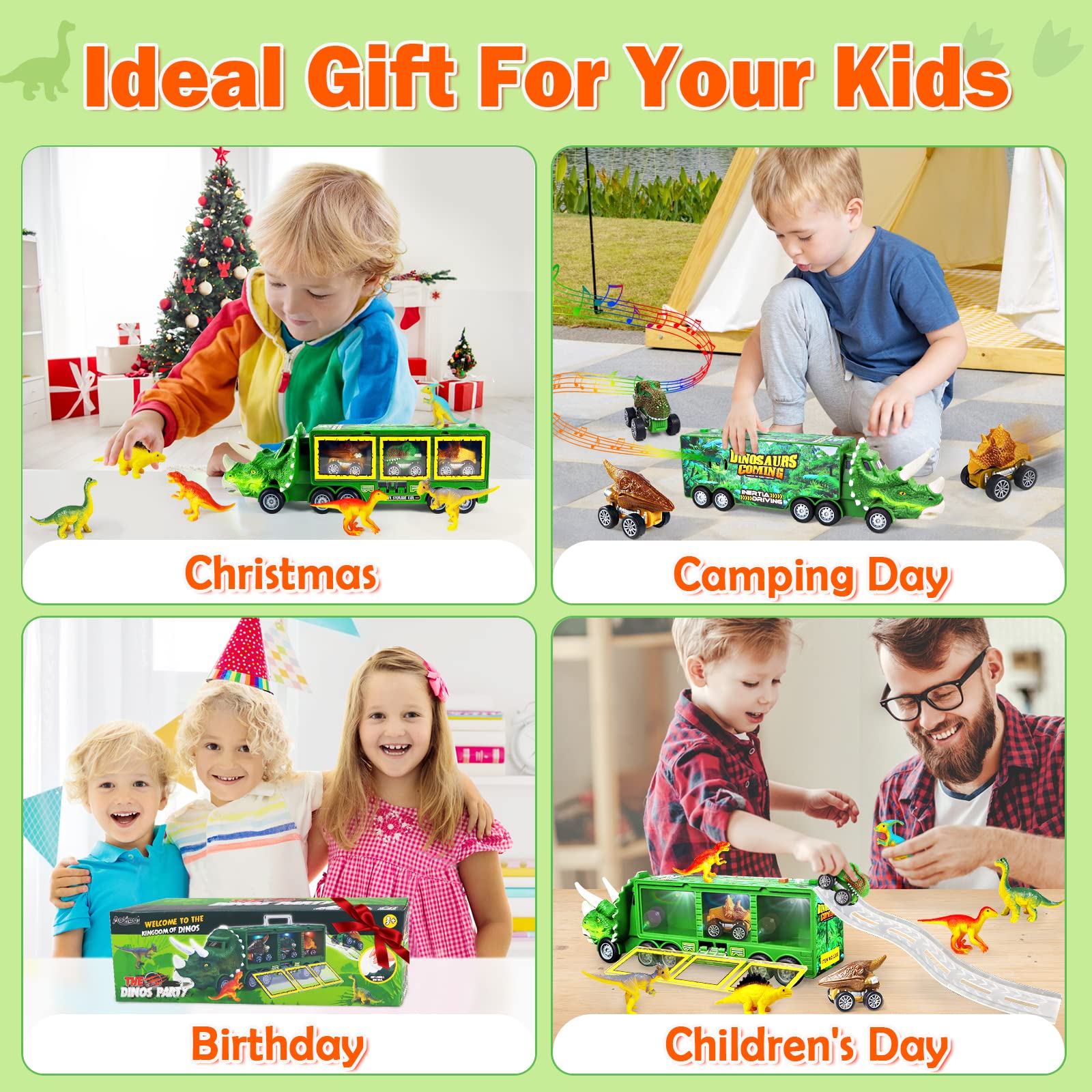 11-in-1 Dinosaur Truck Toy Set with Lights, Music & Roar Sounds - Interactive Dino Playset Includes Toy Truck, Mini Figures & Slide - STEM Learning Toys for Kids Ages 3-7 - Perfect for Birthday Gifts, Pretend Play & Early Childhood Education