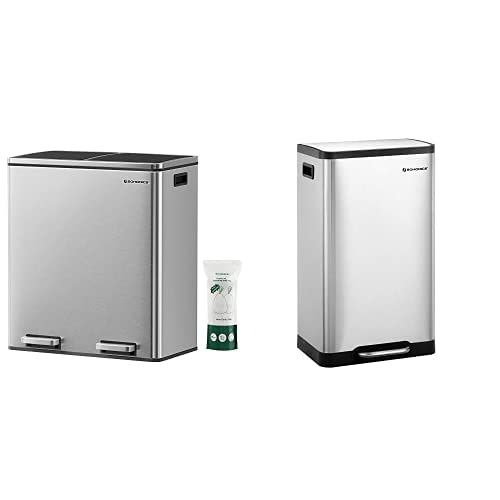 SONGMICS 8 Gallon Dual Compartment Kitchen Trash Can with 15 Trash Bags, Plastic Inner Buckets & Hinged Lids - Silver & Black (ULTB60NL) + 12 Gallon (45L) Stainless Steel Garbage Bin - Perfect for Home, Office, and Restaurant Waste Management