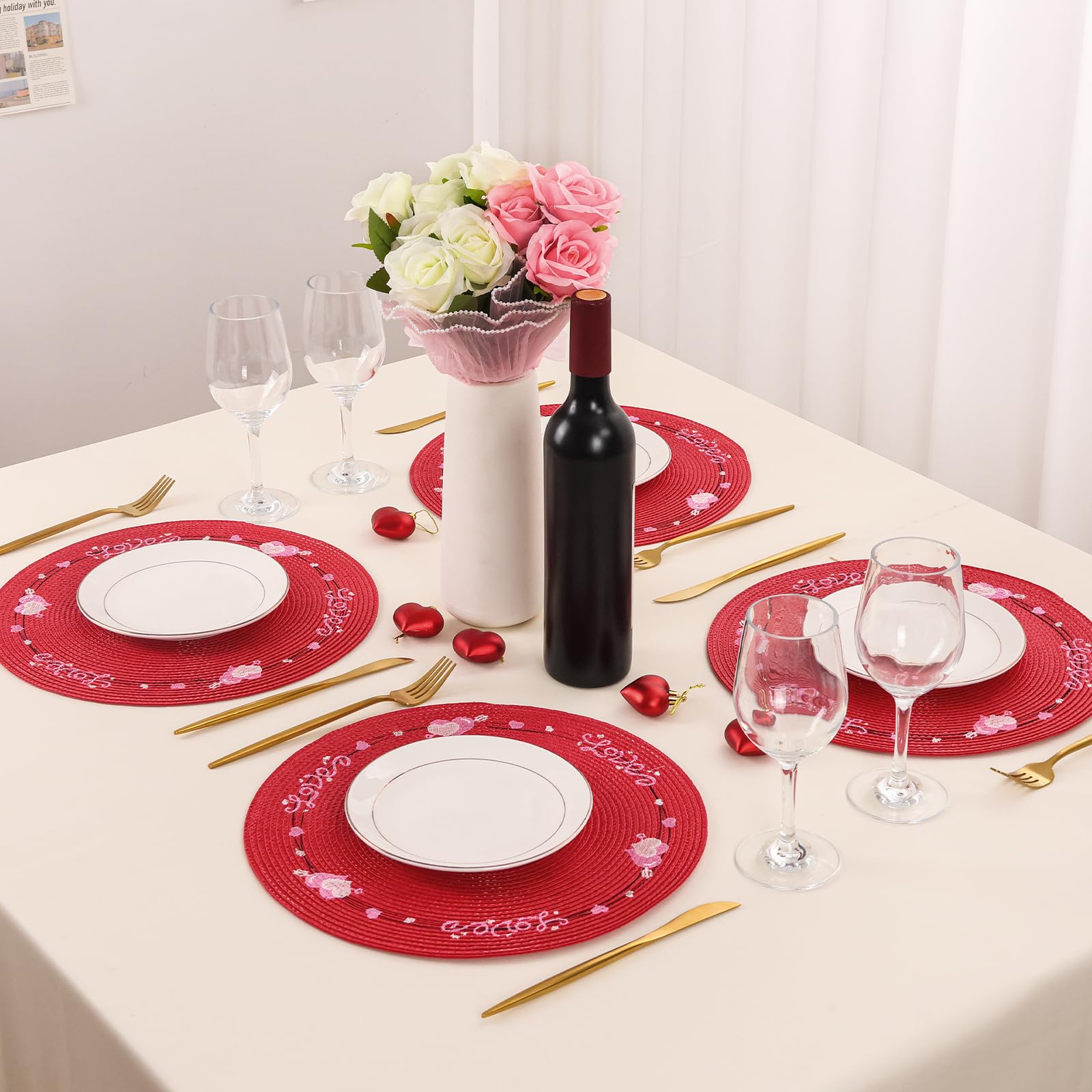 6-Piece Heart-Shaped Placemats Set - Red Round Table Decor for Weddings, Mother's Day & Farmhouse Dining | Indoor Kitchen Decorations for Parties & Everyday Use