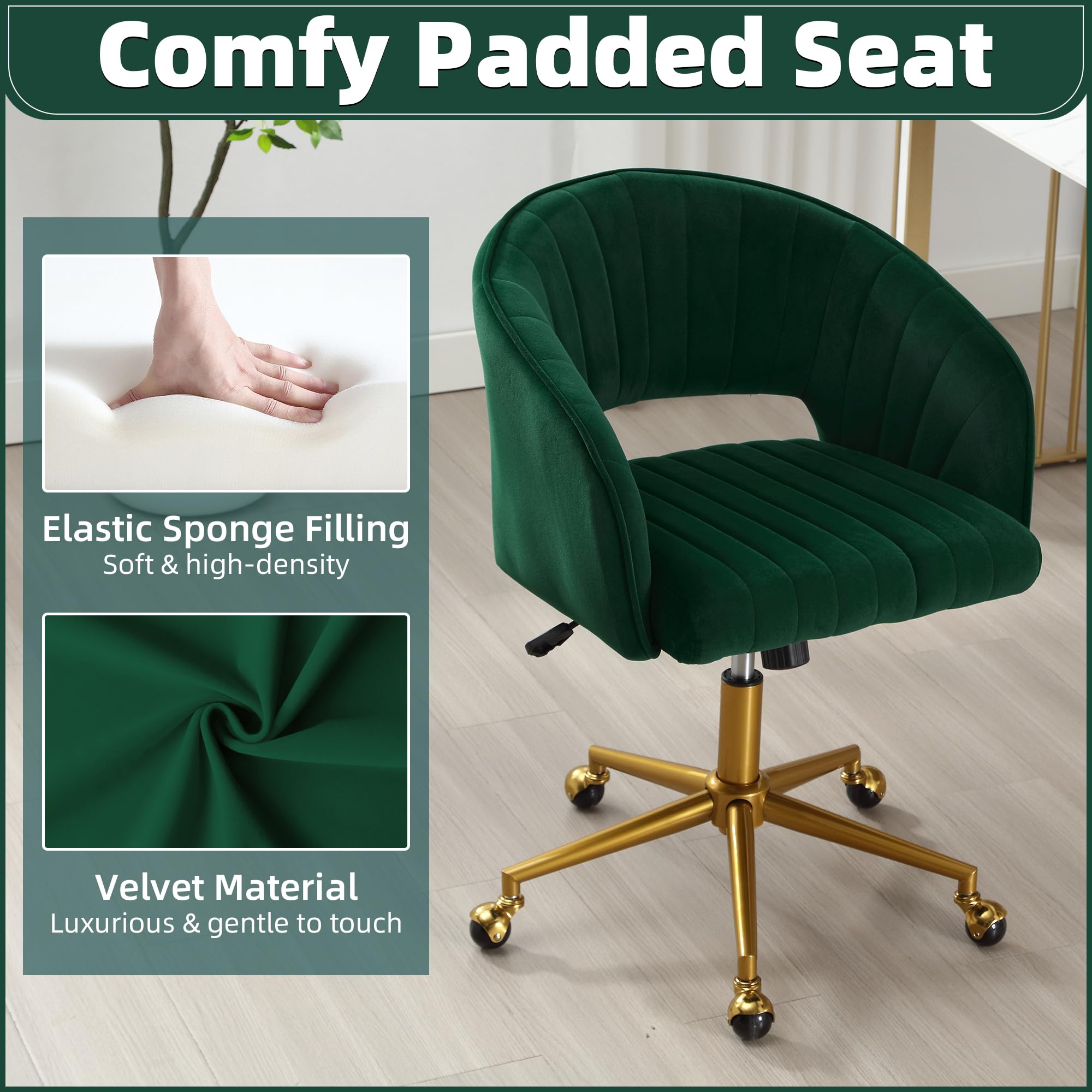 ABET Ergonomic Velvet Desk Chair with Wheels - Adjustable Swivel Office Chair with Gold Base for Home & Workspace - Modern Upholstered Armchair for Living Room, Bedroom & Vanity (Dark Green) - Perfect for Remote Work, Gaming & Study Sessions