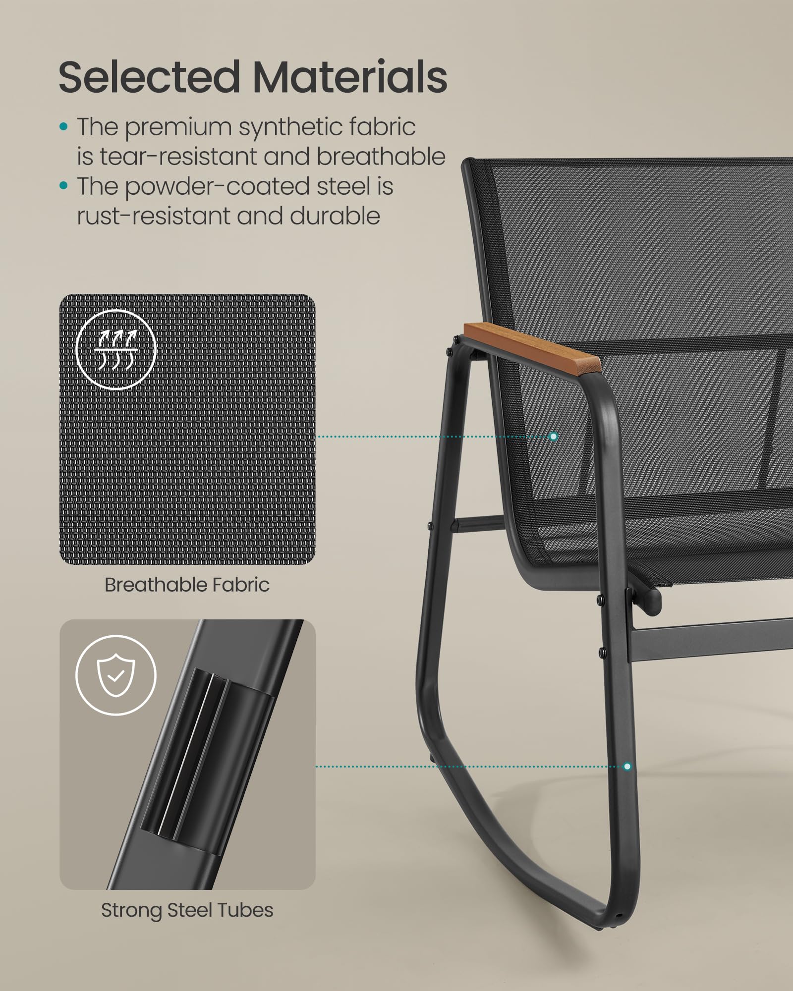 SONGMICS 3-Piece Outdoor Patio Furniture Set with 2 Rocking Chairs & Table - Steel Frame, Breathable Synthetic Fabric, Ink Black - Perfect for Garden, Backyard, Lawn or Poolside Relaxation UGGF0027B01