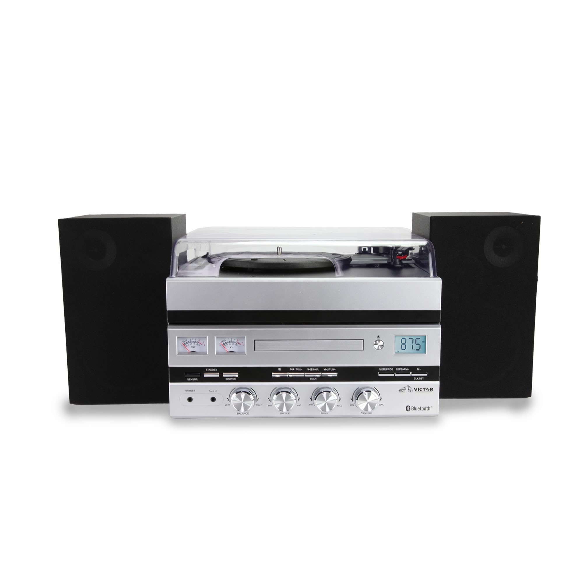 Victor VDTS-5400 Geneva 5-in-1 Bluetooth Music Center with CD Player, FM Radio, USB/Aux Playback & Detachable Speakers - Wireless Home Audio System for Living Room, Bedroom & Office Entertainment