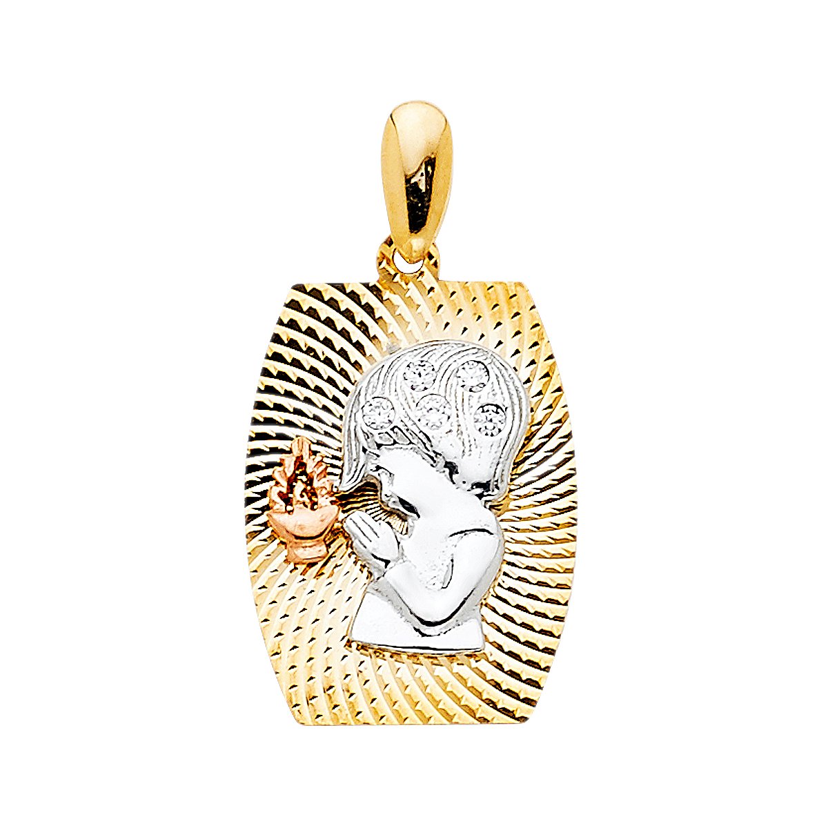 14K Yellow White Rose Gold CZ Religious Praying Girl Pendant Necklace - 19mm Height x 15mm Width - Perfect for Gifts, Baptism, First Communion & Spiritual Jewelry Collection
