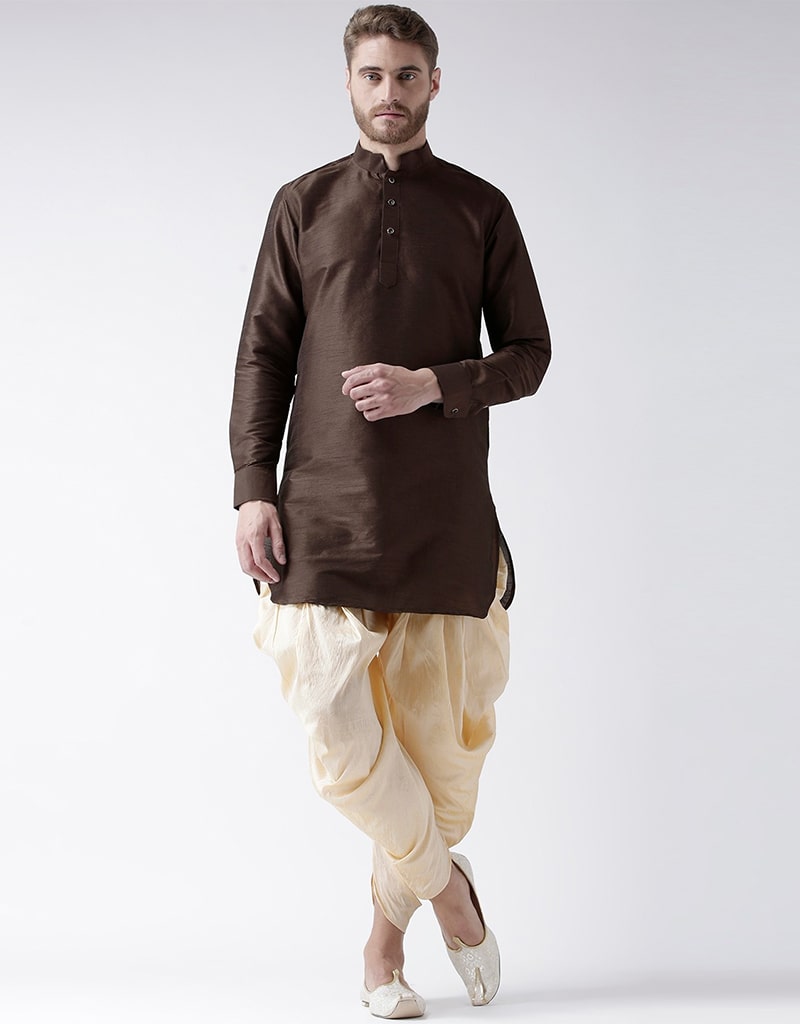 Stylish Coffee Kurta Art Dupion Dhoti Set - Traditional Indian Ethnic Wear for Men - Perfect for Festivals, Weddings & Cultural Events