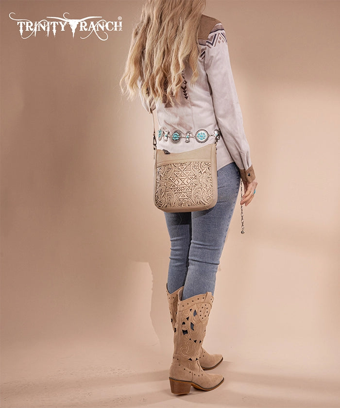 Trinity Ranch Tooled Leather Crossbody Bag Set for Women - Western Style Handbag Purse with Adjustable Strap - Perfect for Travel, Shopping & Everyday Use