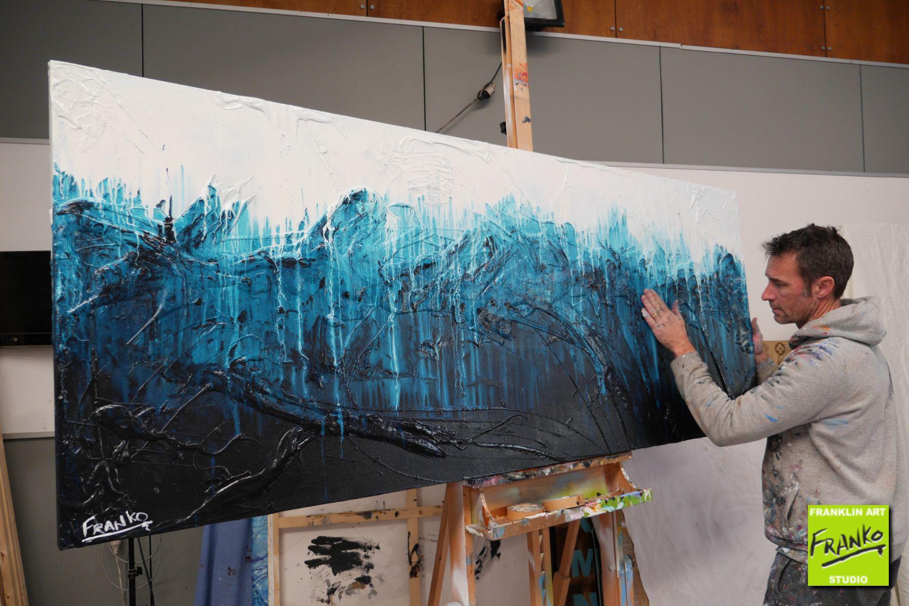 Blue White Textured Abstract Painting - Aqua Impression 200cm x 80cm Modern Wall Art for Living Room, Bedroom & Office Decor