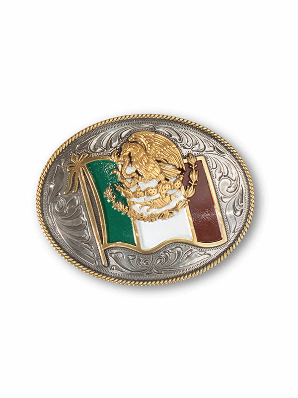 Ariat A37024 Oval Buckle with Mexican Flag & Eagle Design in Antique Silver - Perfect for Western Boots, Belts & Cowboy Accessories