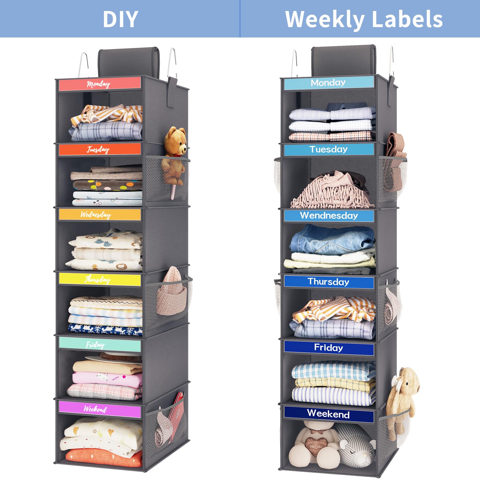 Fixwal 6-Shelf Weekly Clothes Organizer for Kids - Hanging Closet Organizer with 6 Side Pockets - Days of The Week Storage Shelves for Toddler & Children (Dark Grey) - Perfect for Bedroom, Nursery & Daycare Organization