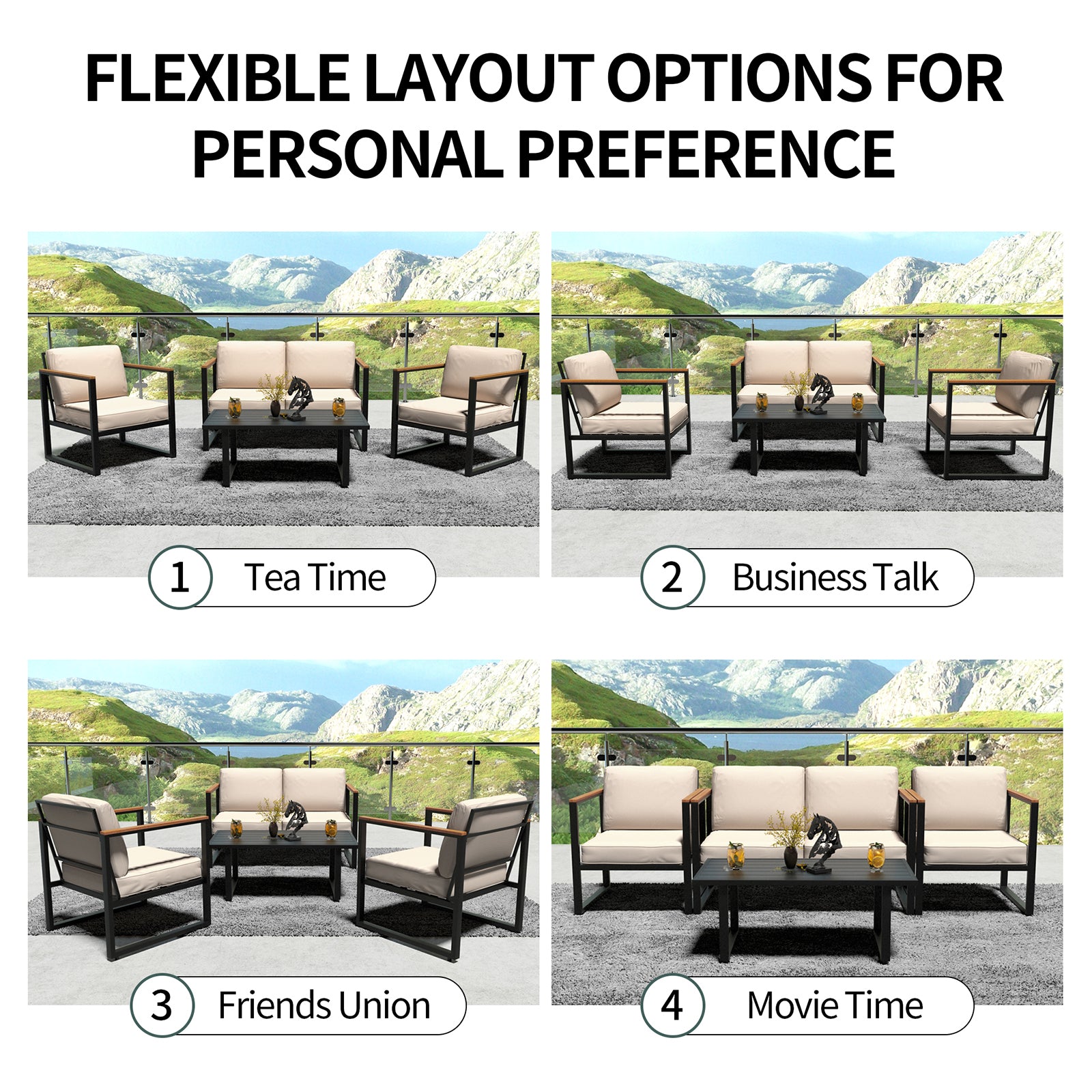 GARVEE 4-Piece Outdoor Patio Furniture Set - All-Weather Metal Conversation Set with Loveseat, 2 Chairs & Coffee Table - Thick Cushioned Seating for Porch, Deck, Garden, Balcony, Bistro (Black & Beige) - Perfect for Backyard Relaxation, Outdoor Entertaining & Coffee Mornings