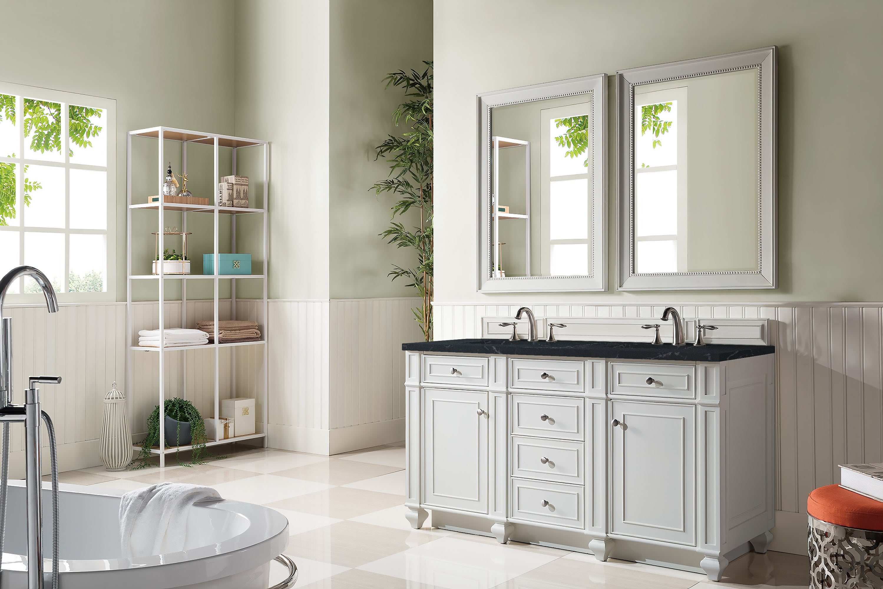 Bristol 60-Inch Double Bathroom Vanity Set with 3CM Charcoal Soapstone Quartz Countertop - Bright White Finish - Perfect for Master Bathroom or Guest Bath Remodel