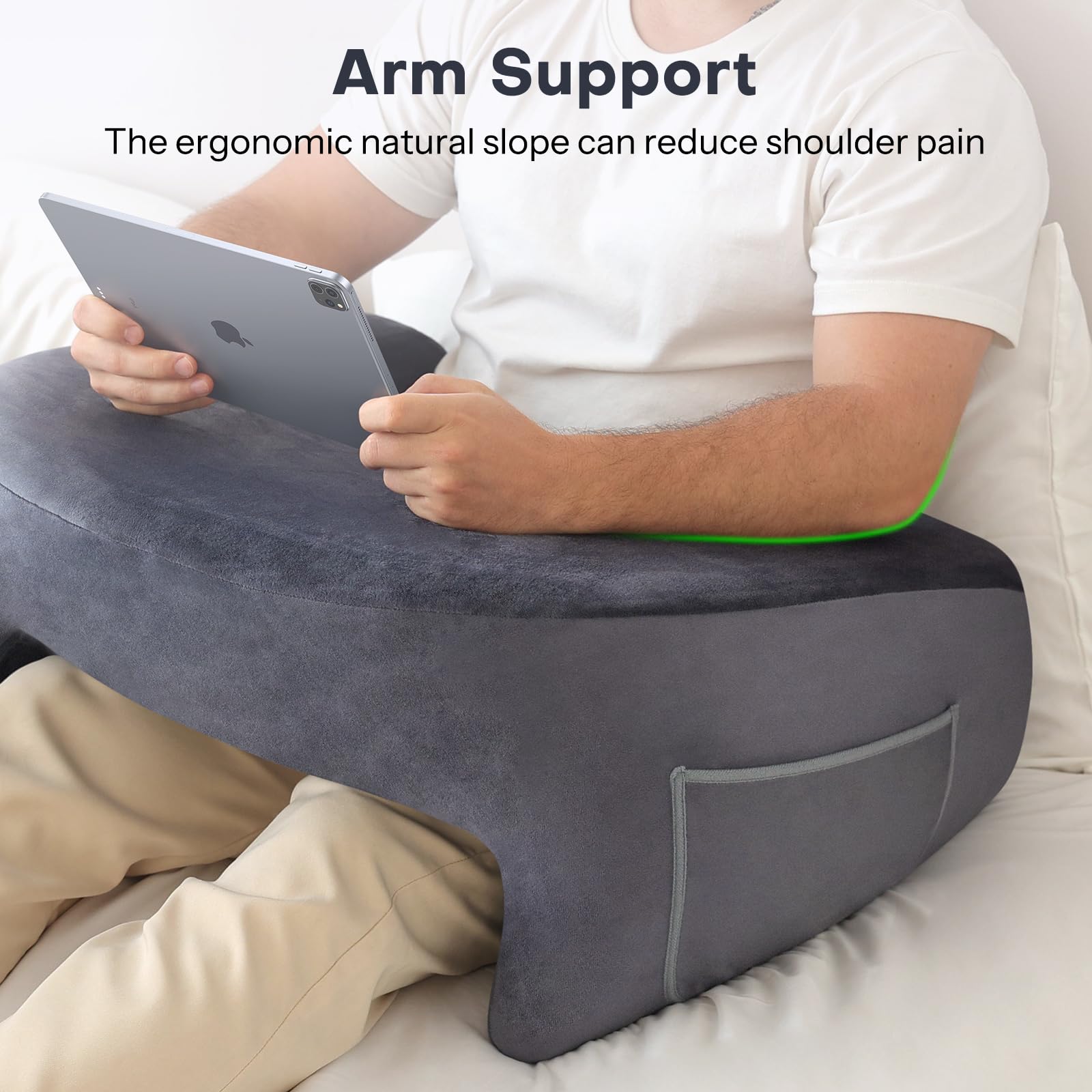 OMOTON Extra Large Memory Foam Reading Pillow - Lap Desk Pillow for Adults, Gaming Pillow with Arm Rest - Perfect for Reading, Working & Playing in Bed or Sofa - Comfortable Body Support (Deep Grey) - Ideal for Home Office, Gaming Setup & Relaxation