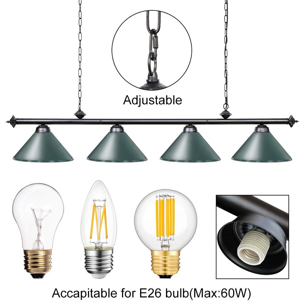 Wellmet 70'' Hanging Pool Table Light Fixture - 4 Lights Billiard Lighting for 7ft 8ft 9ft Tables with Lamp Shades - Perfect for Pool Tables, Billiard Tables, Snooker Tables & Kitchen Island Lighting - Ideal for Game Rooms, Bars, and Home Entertainment Spaces