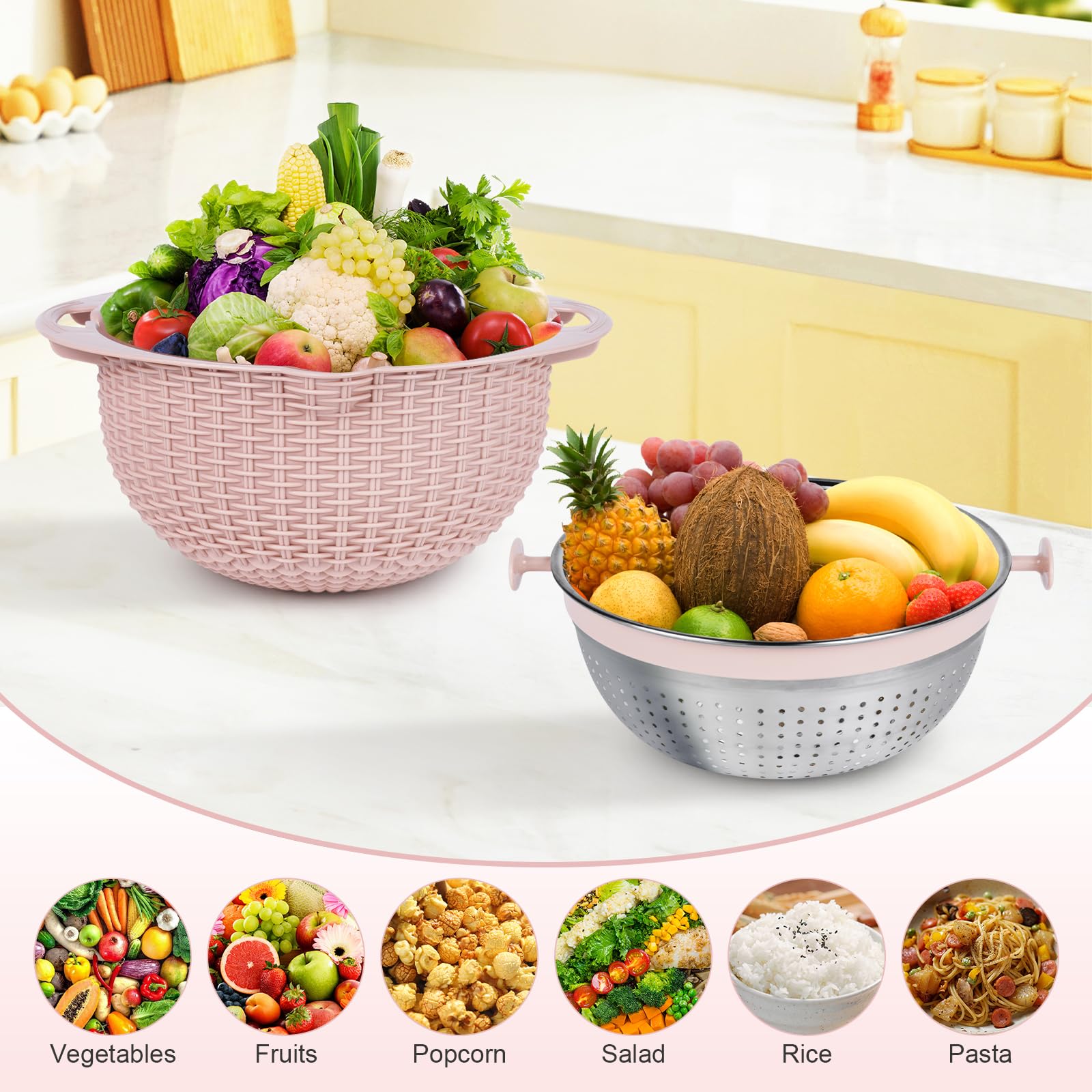 4-in-1 Rotating Colander and Mixing Bowl Set - Kitchen Strainer for Pasta, Rice, Fruits & Vegetables - BPA-Free Food Colander with Handle - Perfect for Washing, Draining & Food Prep (Pink)