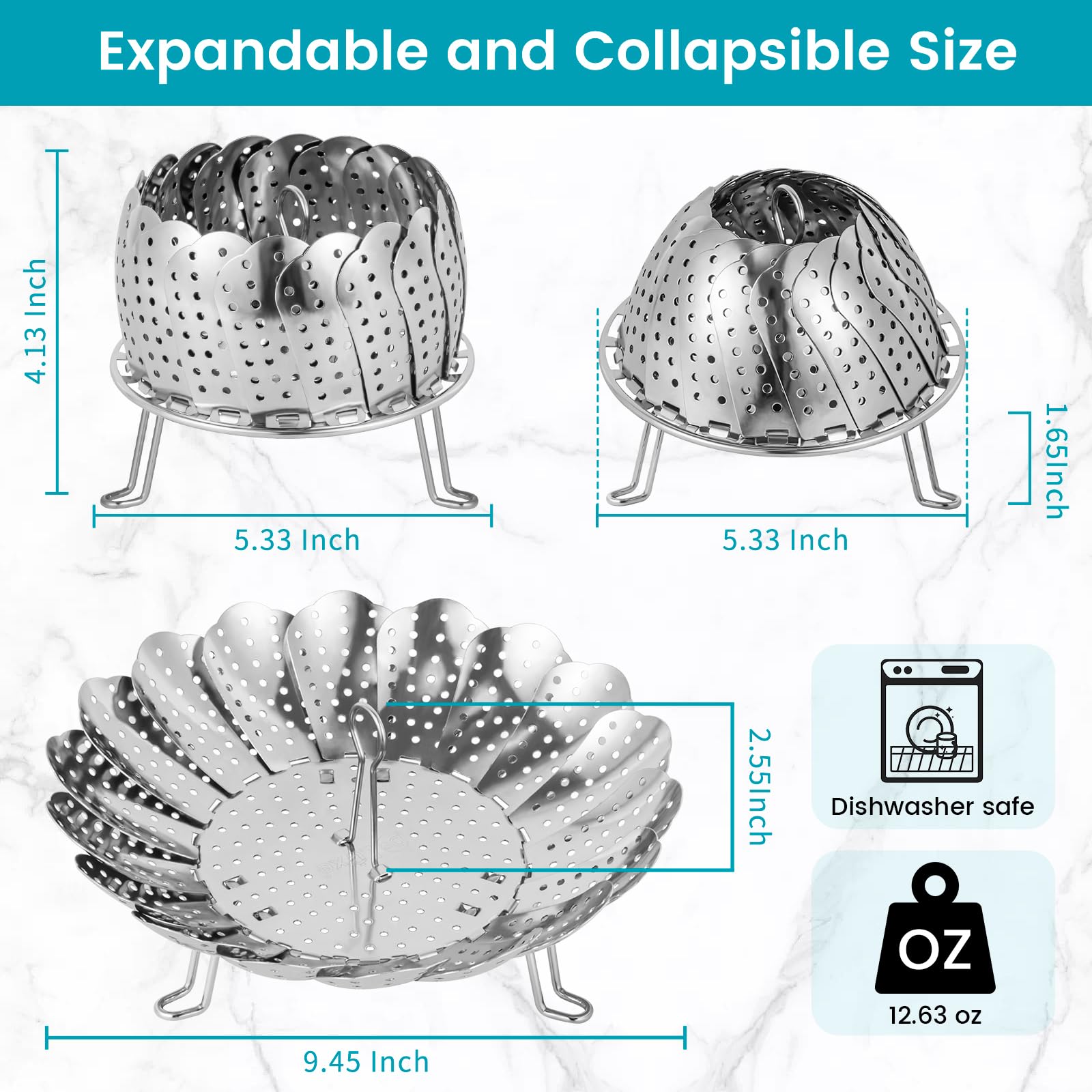 Premium Stainless Steel Collapsible Vegetable Steamer Basket - Expandable Food Steamer Rack for Instant Pot 3/6/8 Qt Pots (5.3-9.5 Inches) - Perfect for Healthy Cooking, Meal Prep & Steaming Veggies, Dumplings, Seafood